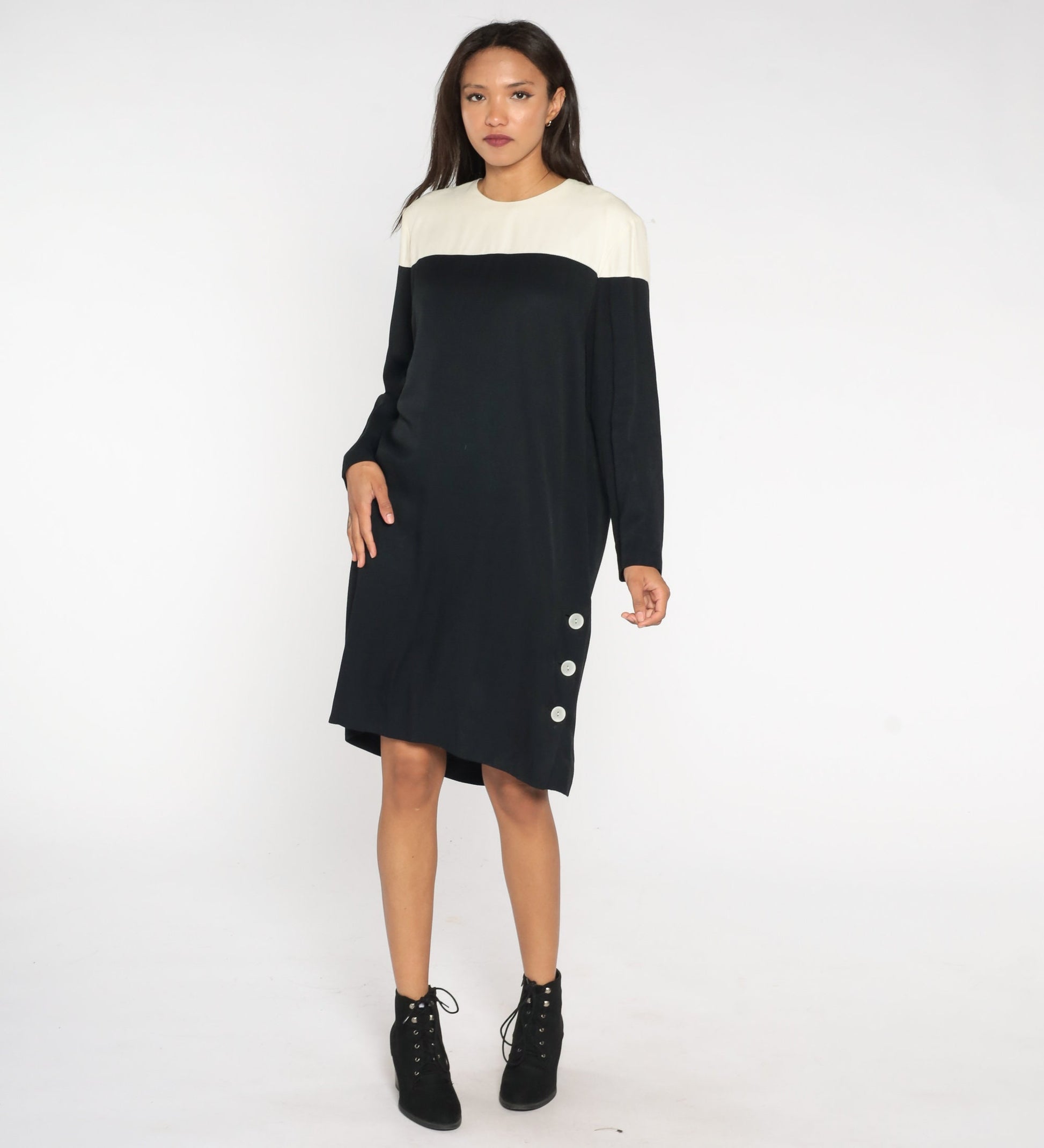 80s Color Block Shift Dress Black White Midi Long Sleeve Medium
