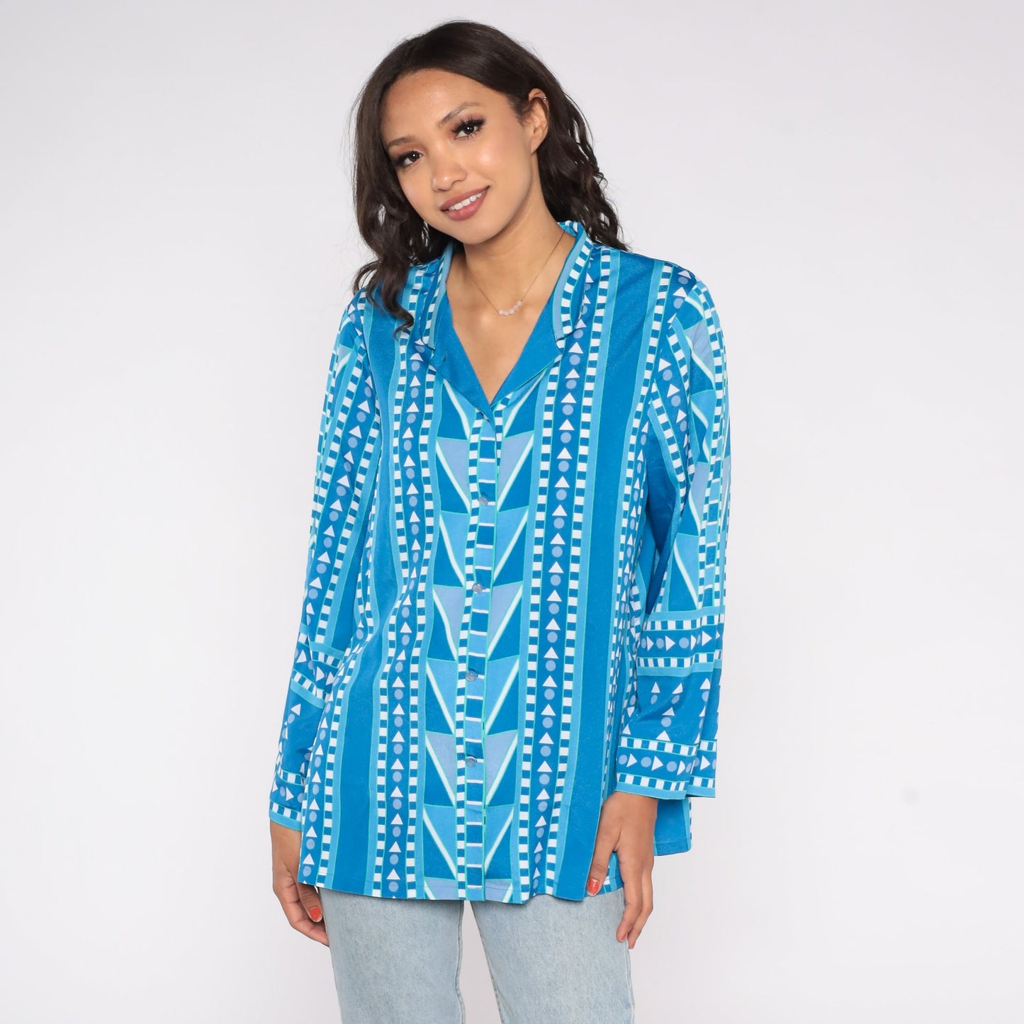 90s Bob Mackie Geometric Print Button-Up Blouse Blue Large