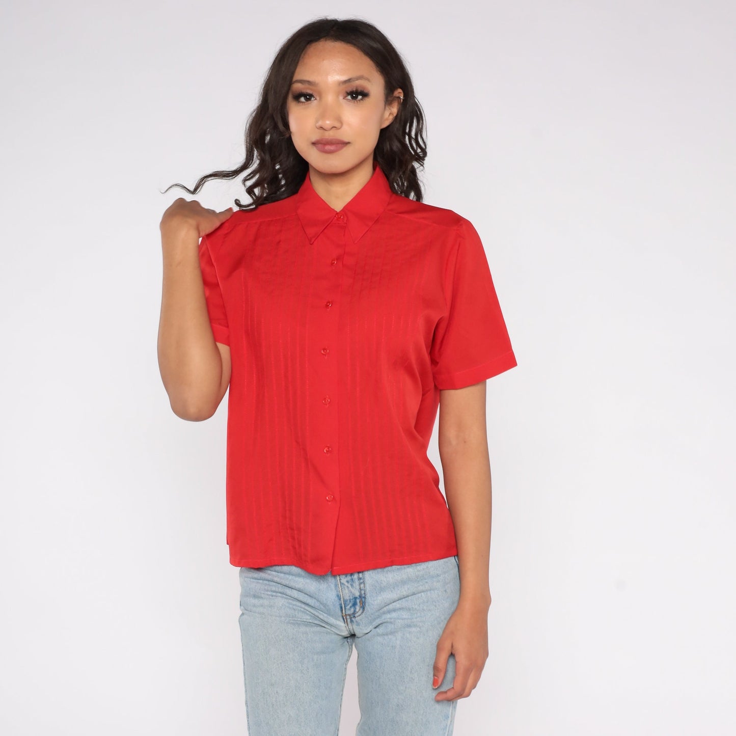 80s Judy Bond Red Button-Up Blouse Pleated Chest Short Sleeve Small S