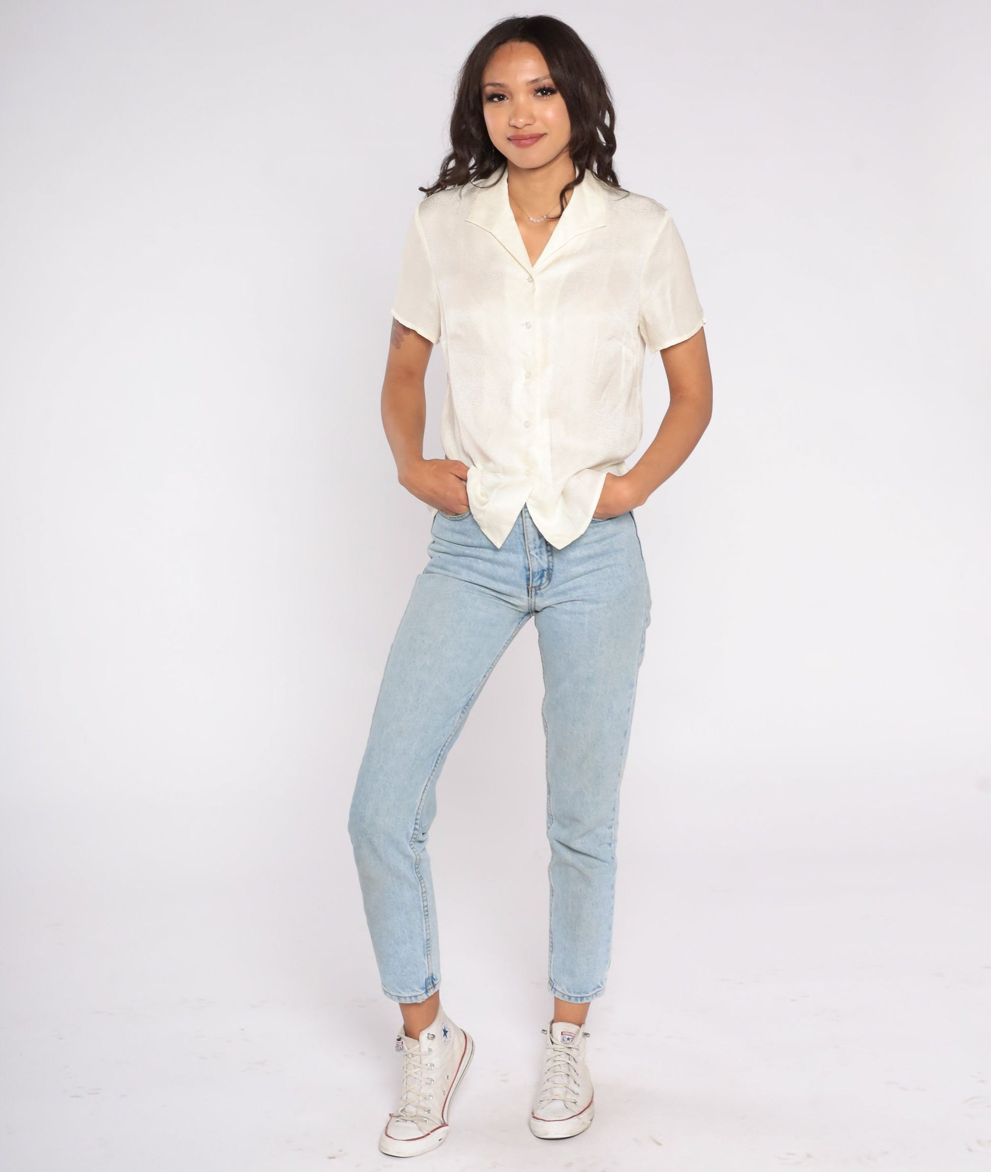 Y2K Liz Claiborne White Snakeskin Print Silk Blouse Short Sleeve Small