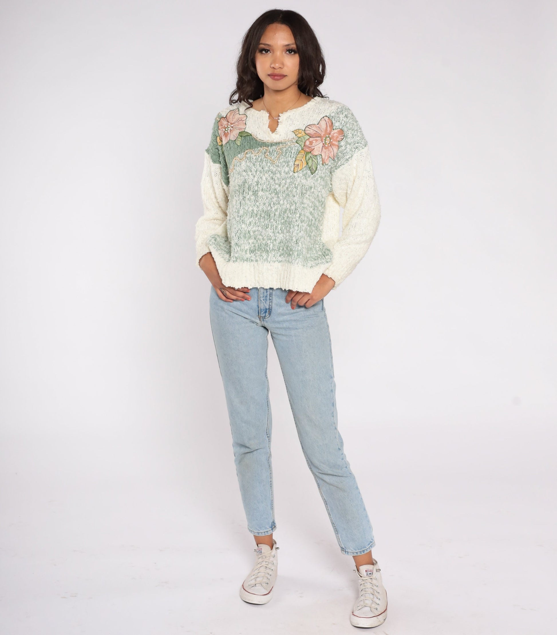 80s Floral Beaded Sweater Off-White Pearl Knit Pullover Large
