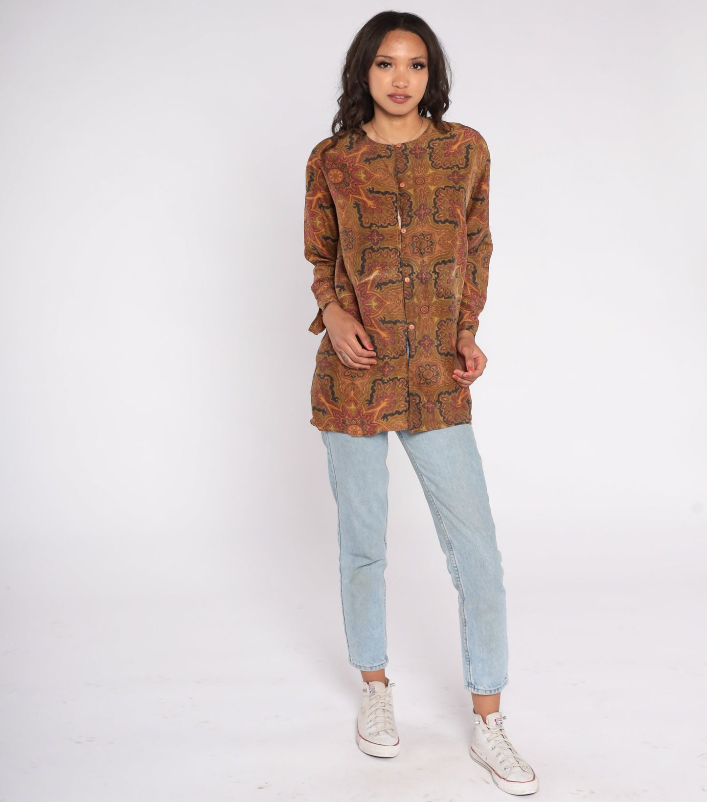 90s Geometric Print Button-Up Blouse Brown Yellow Long Sleeve Large L