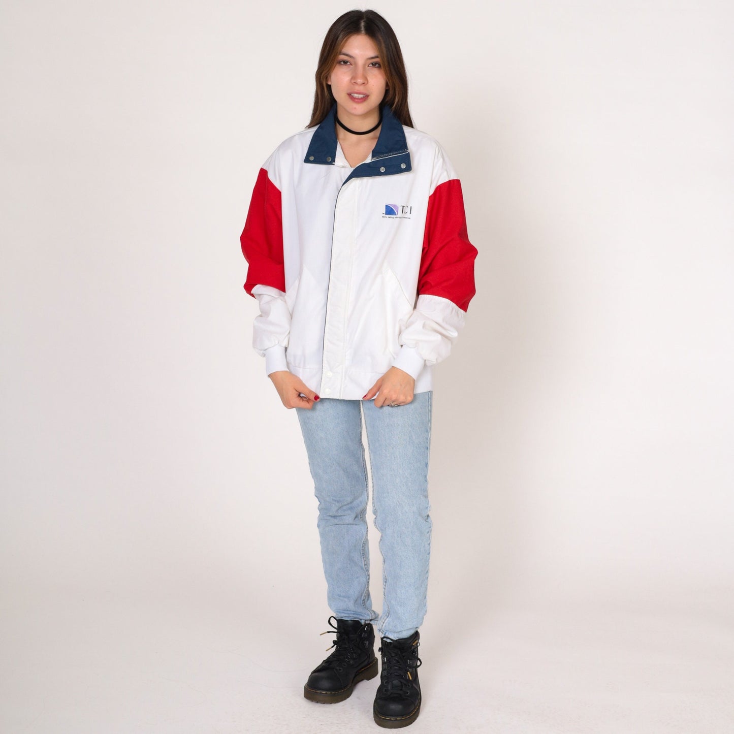 80s TCI Cable Television Windbreaker Jacket White Red Blue Medium
