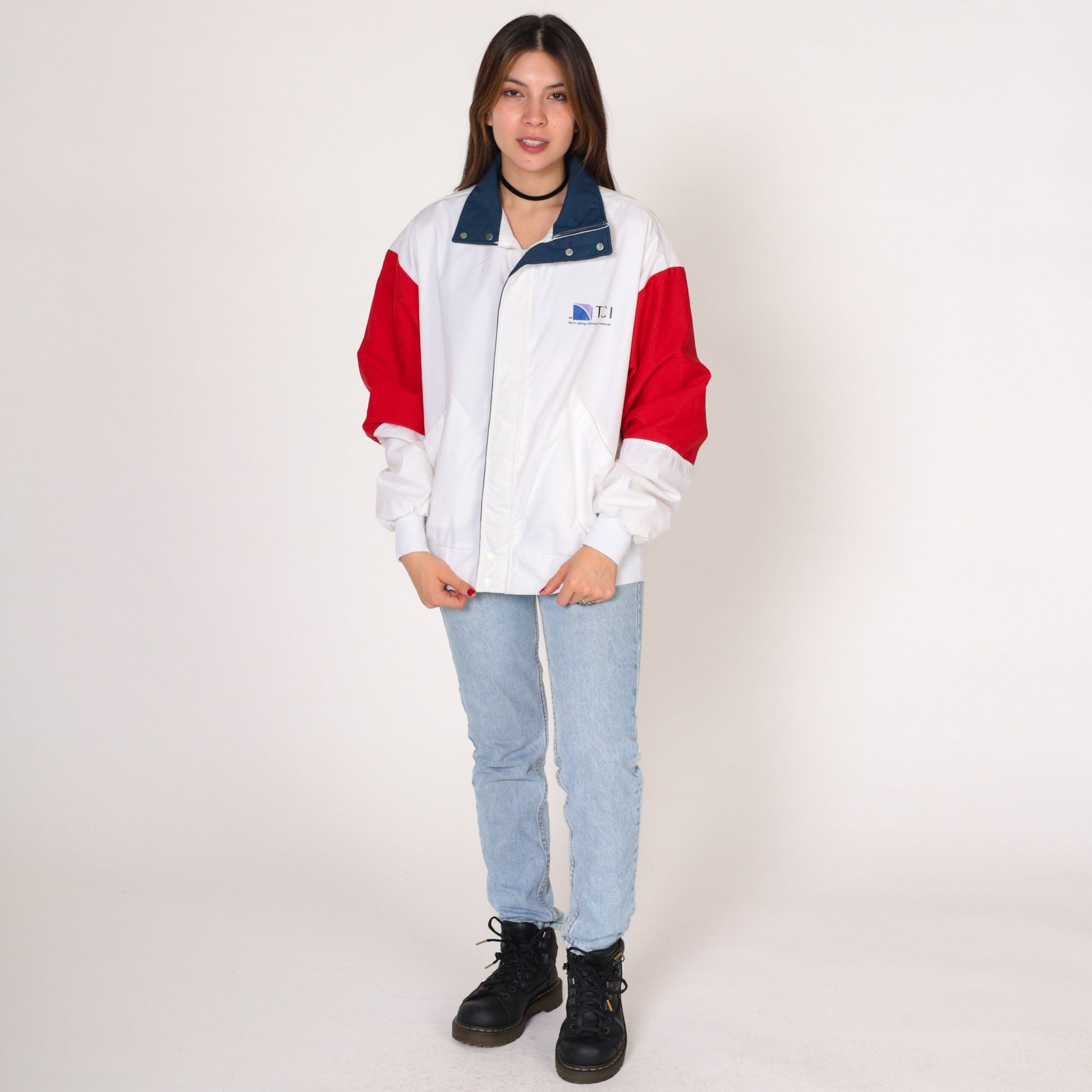 80s TCI Cable Television Windbreaker Jacket White Red Blue Medium