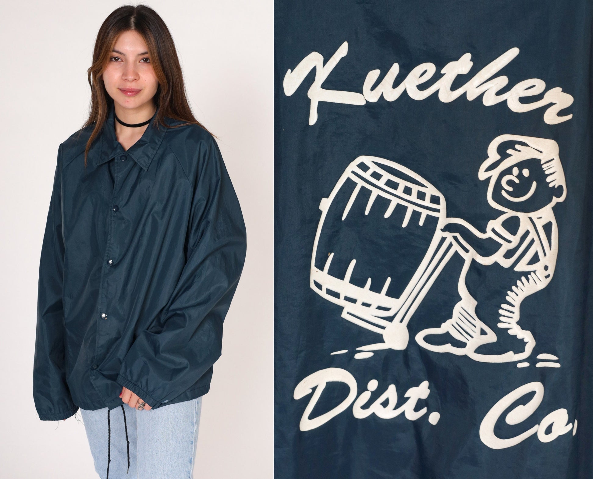 80s Kuether Distributing Co Windbreaker Jacket Navy Nylon Snap Raglan Large L