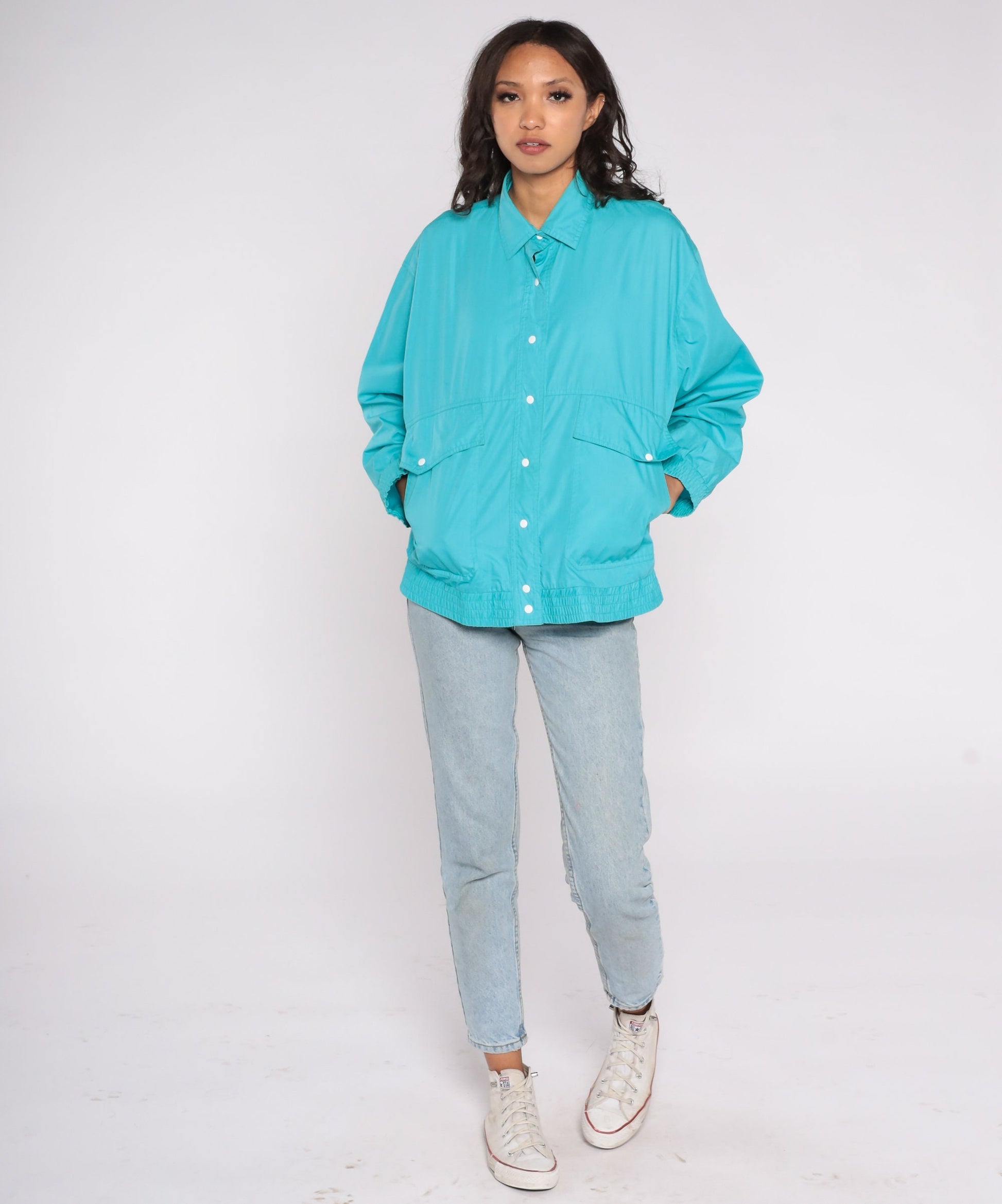 80s Koret Windbreaker Jacket Turquoise Blue Snap Button Large
