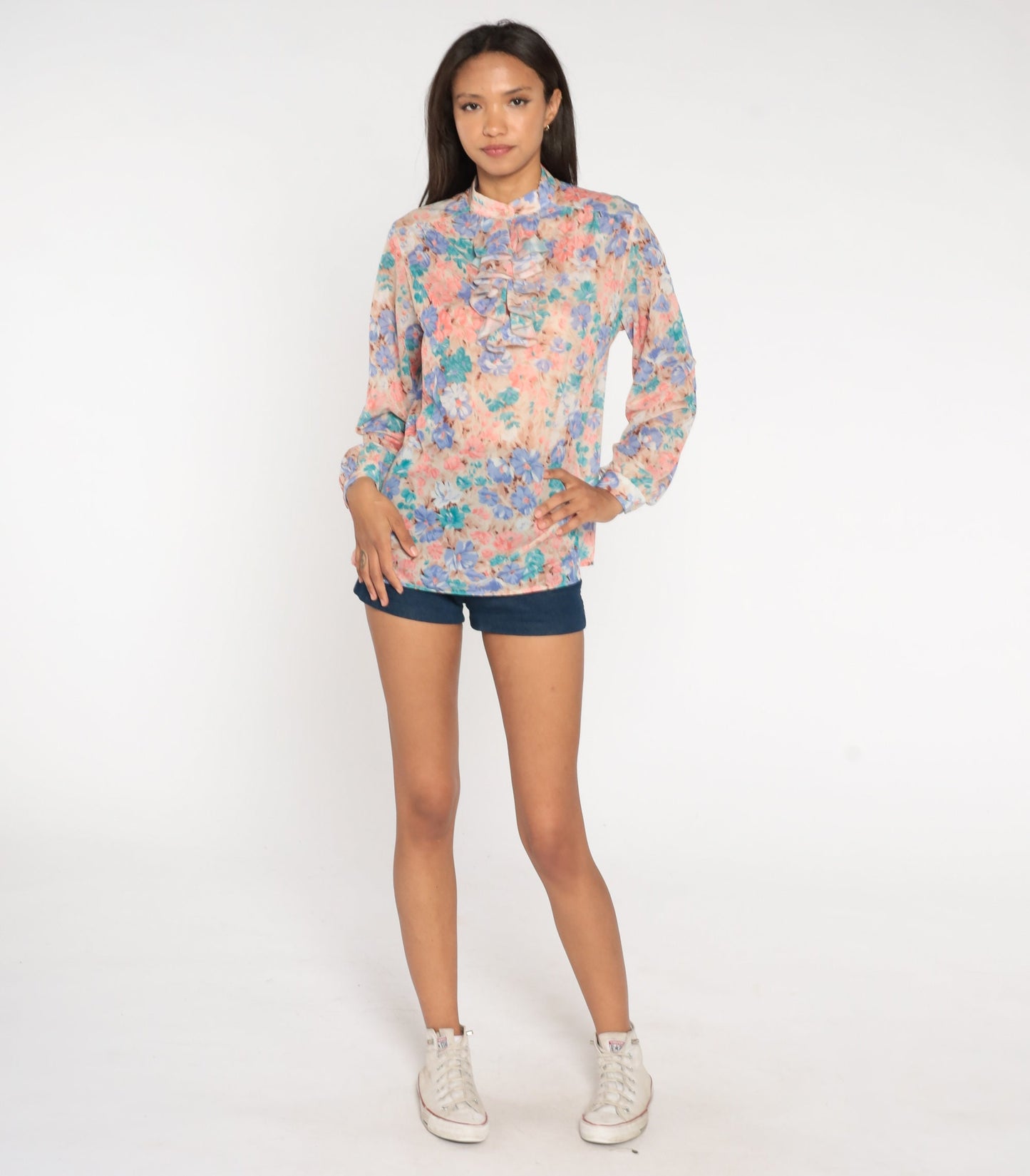 70s Floral Ruffle Tuxedo Blouse Pink Blue Button Up Long Sleeve Medium Large