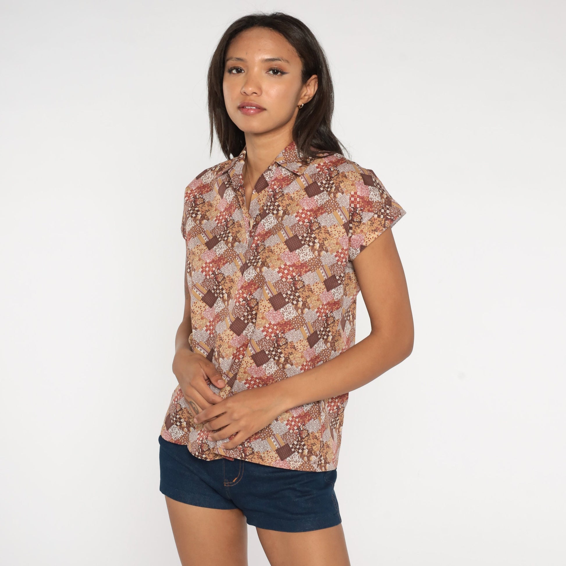 70s Floral Patchwork Blouse Brown Calico Print Tunic Short Sleeve Medium