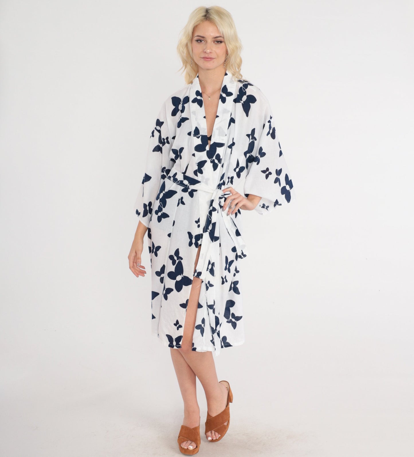 90s White Butterfly Kimono Robe Tie Front Cotton Mini Jacket Medium
