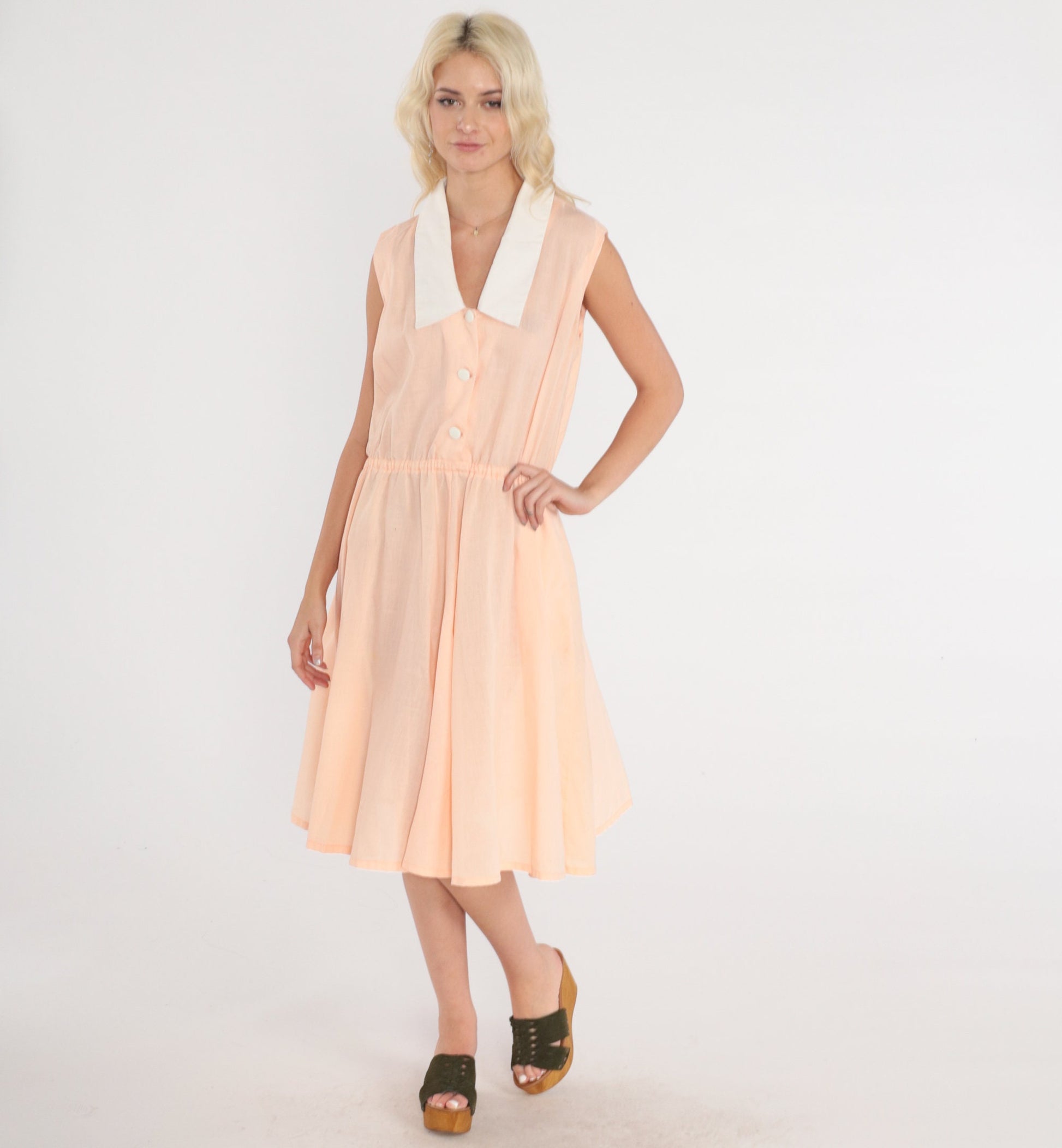 70s Peachy Pink Shirtwaist Dress Sleeveless Midi Collared Button-Up Medium