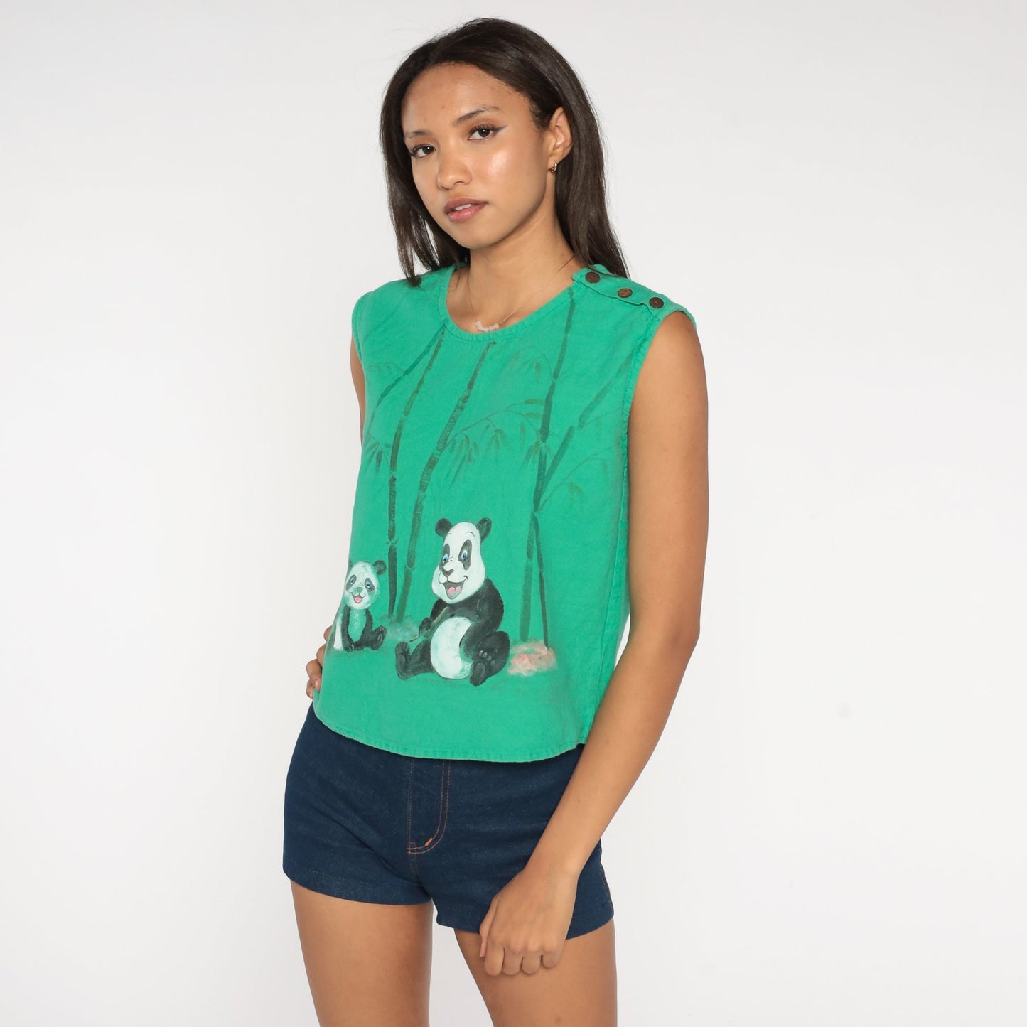 80s Panda Graphic Tank Top Green Painted Animal Print Cotton Small