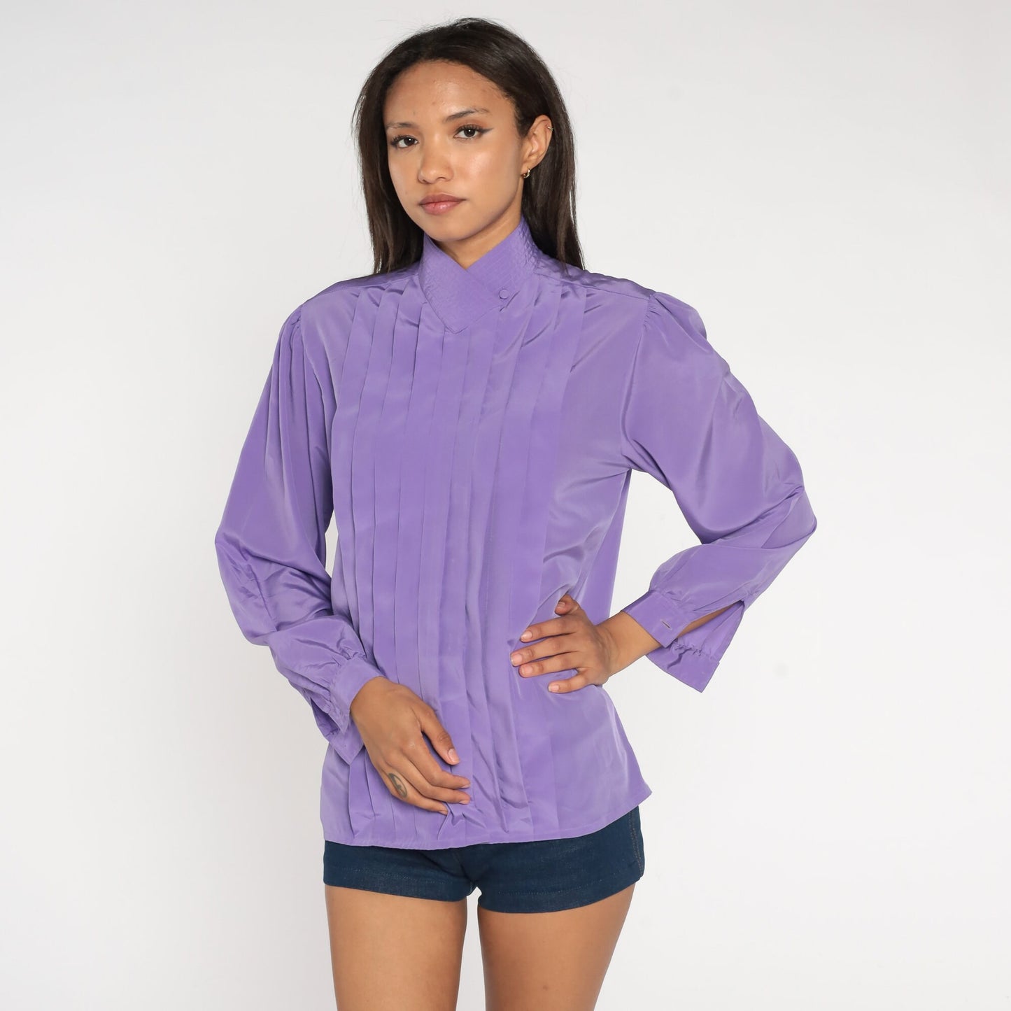 80s Purple Puff Sleeve Blouse Pleated Collared Button-Up Large 12