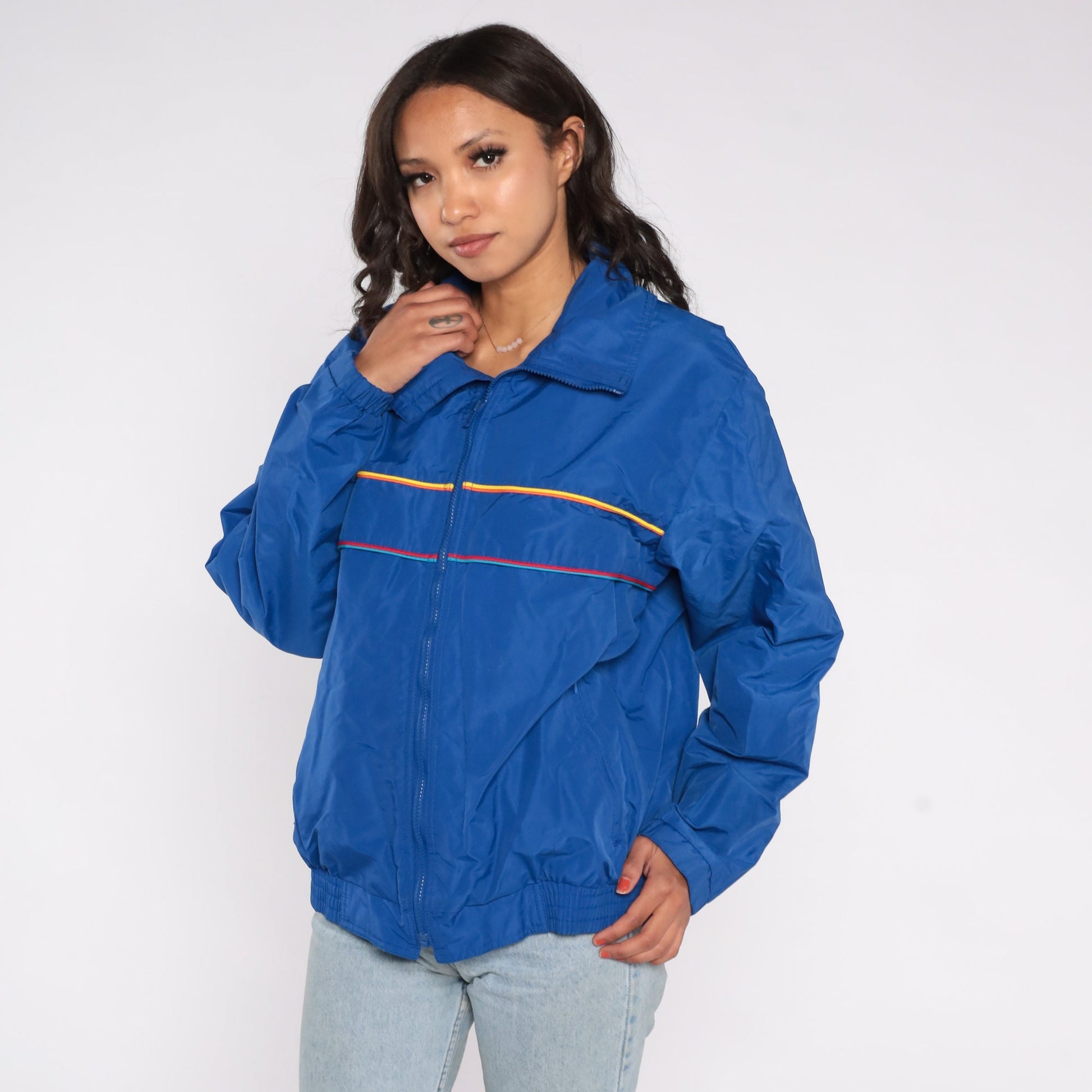 90s Blue Striped Windbreaker Jacket Zip Up Nylon Warmup Large