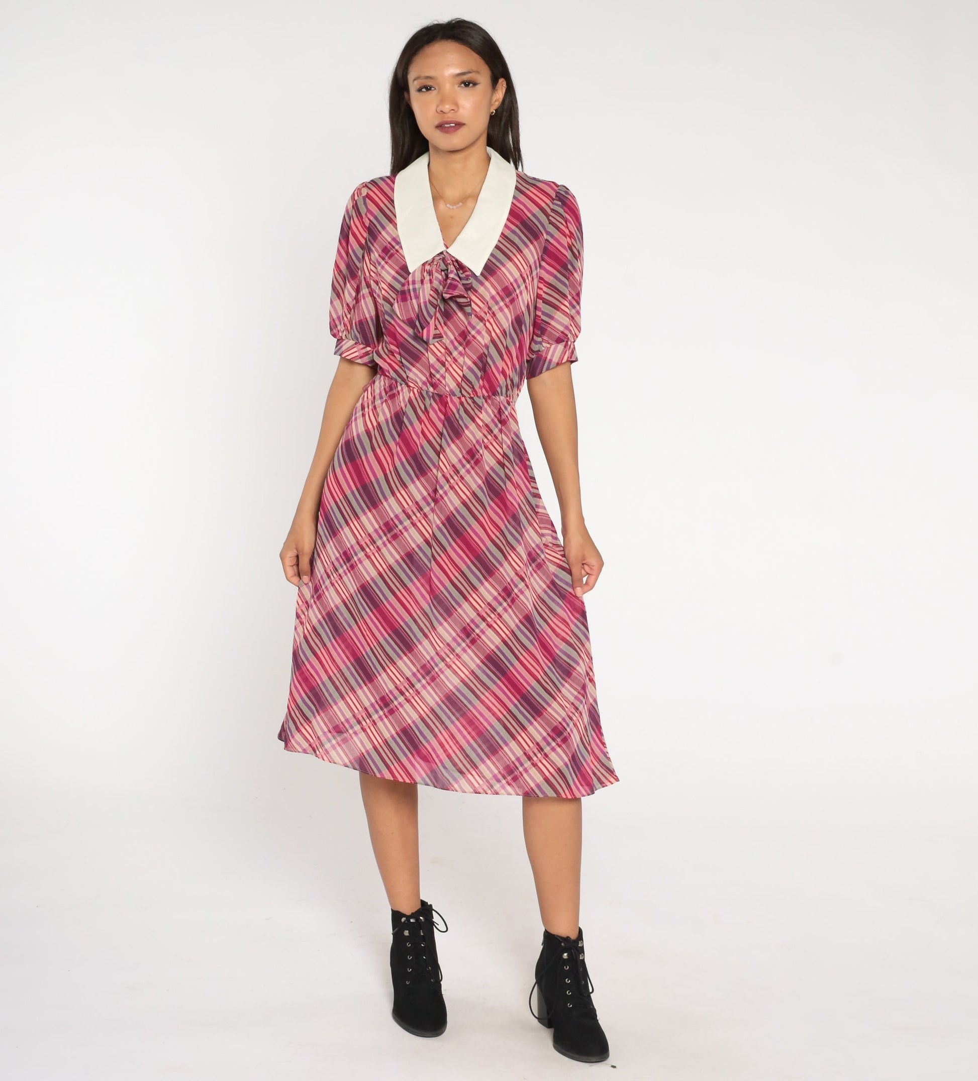 80s Purple Plaid Midi Dress Puff Sleeve Ascot Collar Small Medium