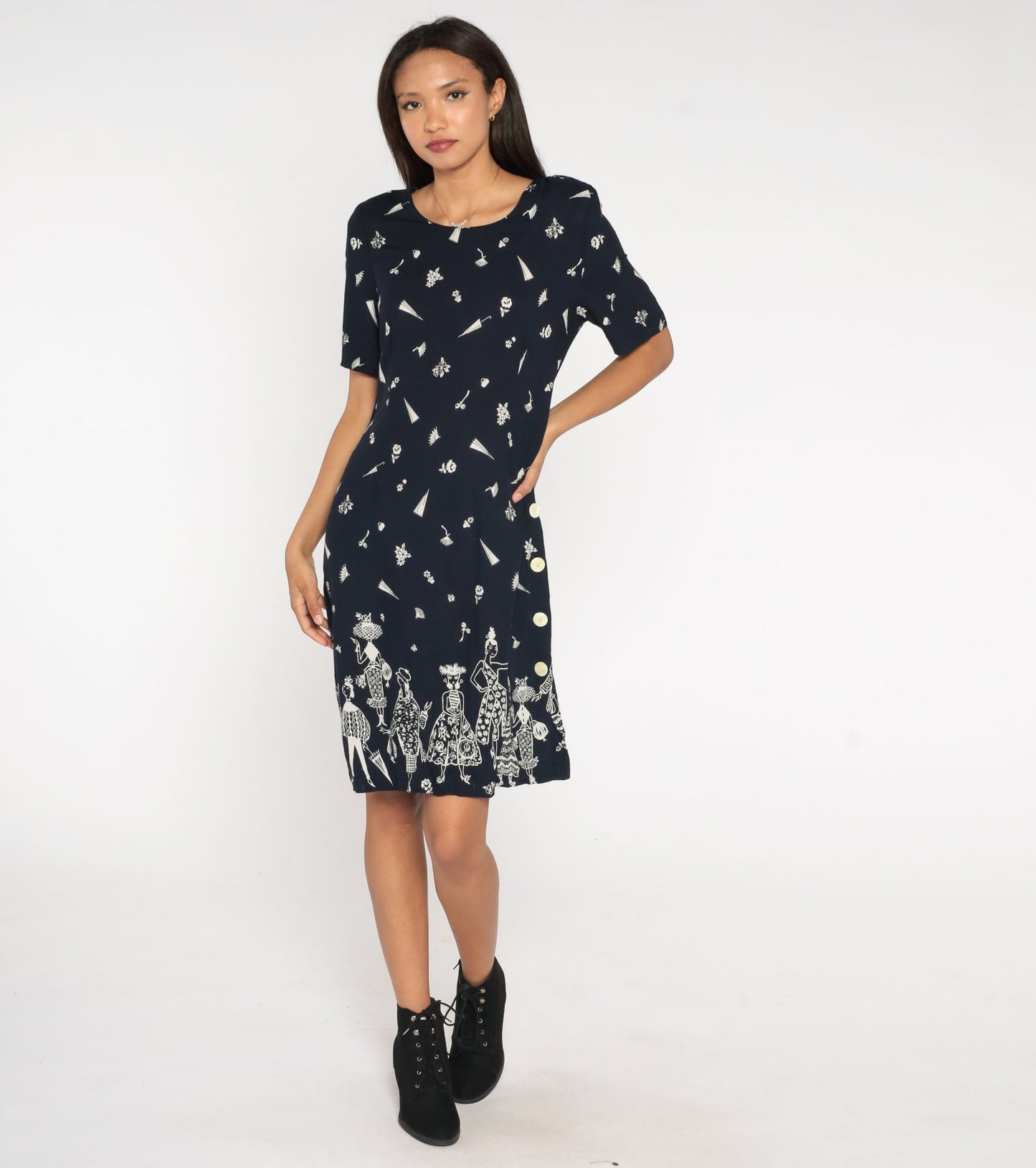 90s Floral Dress Black White Flower Print Midi Sheath Button Side Medium