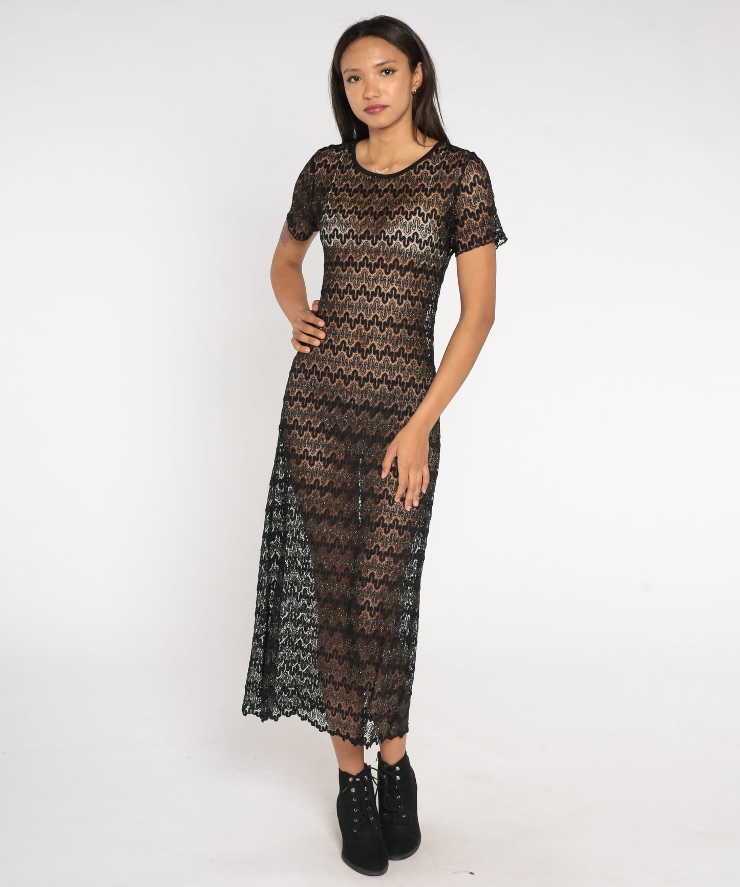 90s Black Metallic Lace Maxi Dress Short Sleeve Sheer Ankle Length Small