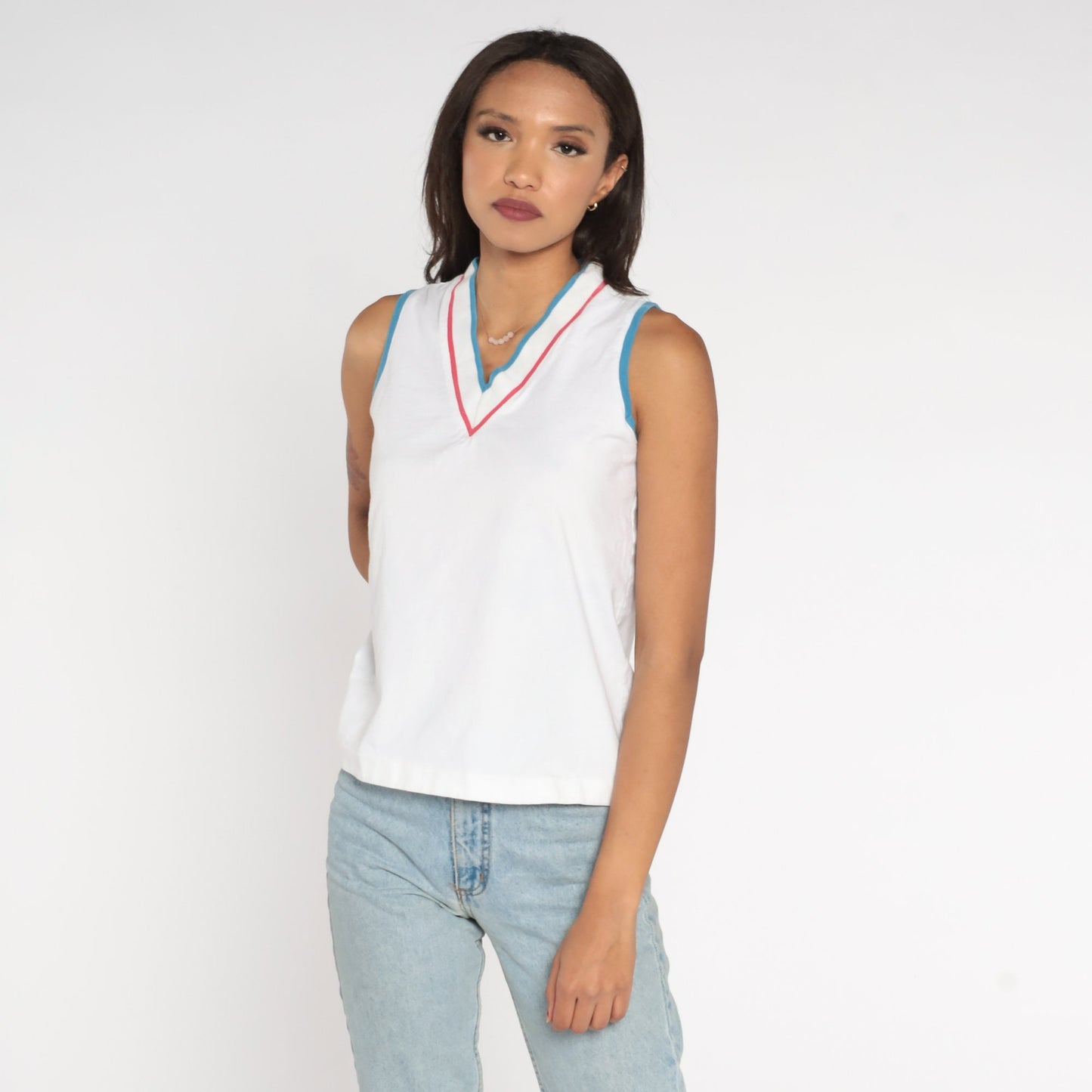 80s White Ringer Tank Top Red Blue Striped V-Neck Small