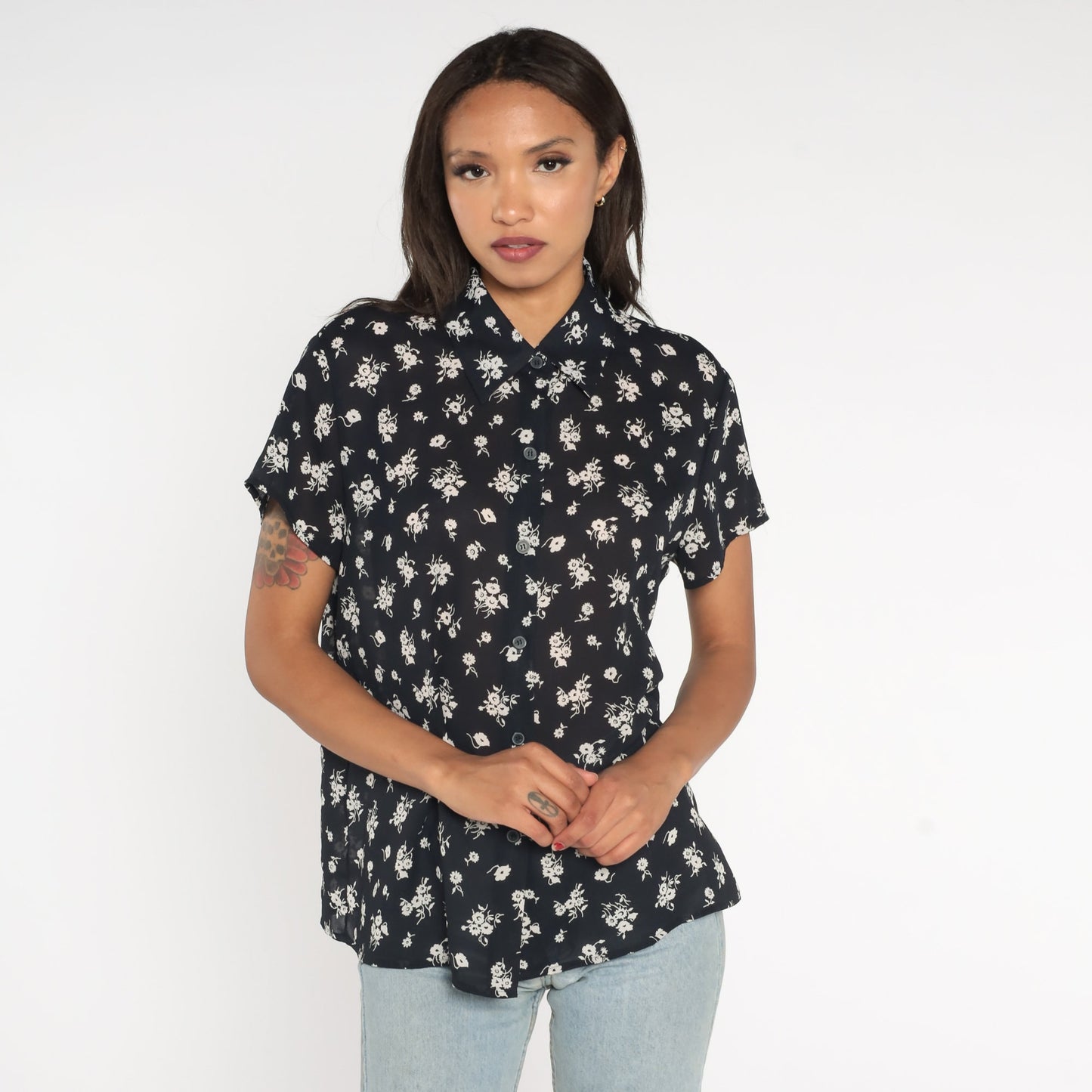 90s Chaus Black Floral Button-Up Blouse Short Sleeve Shirt Large L
