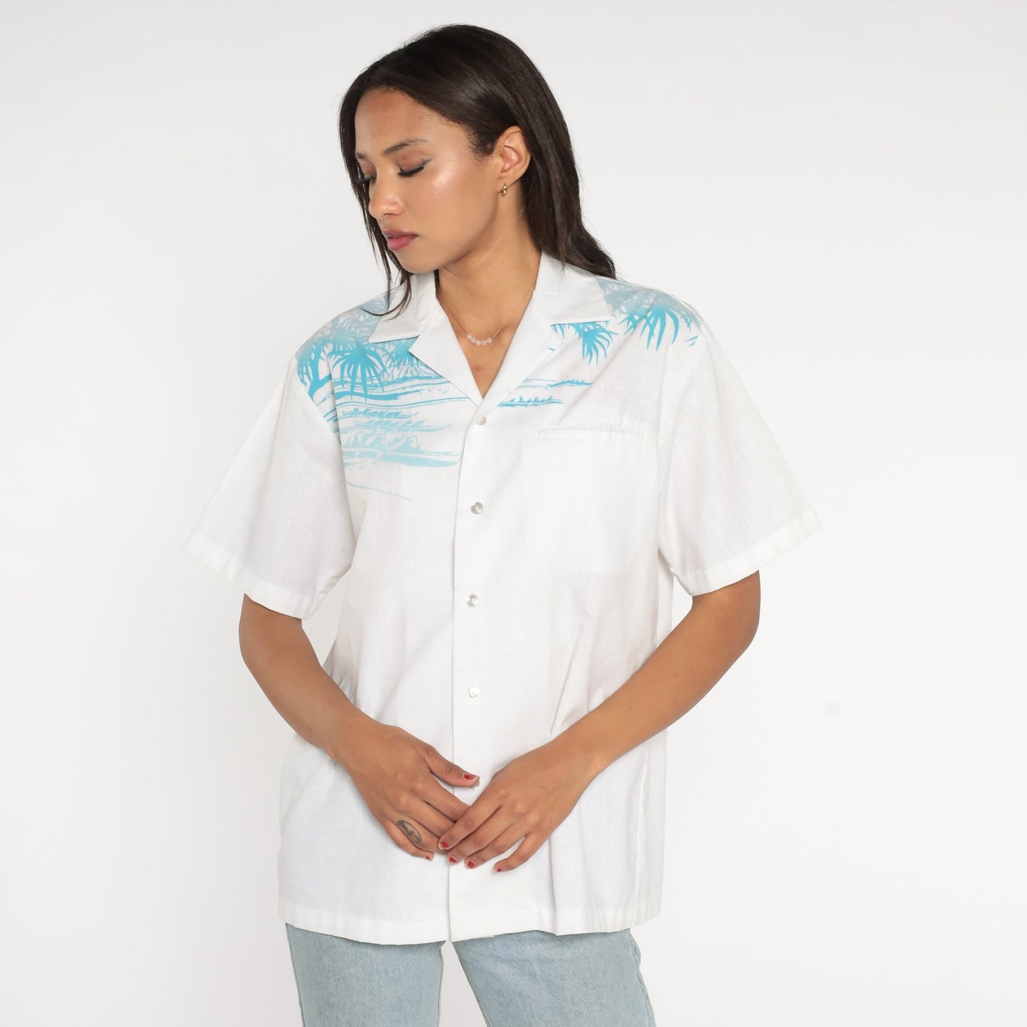 90s Iolani Hawaiian Outrigger Shirt White Button Up Tropical Print Medium