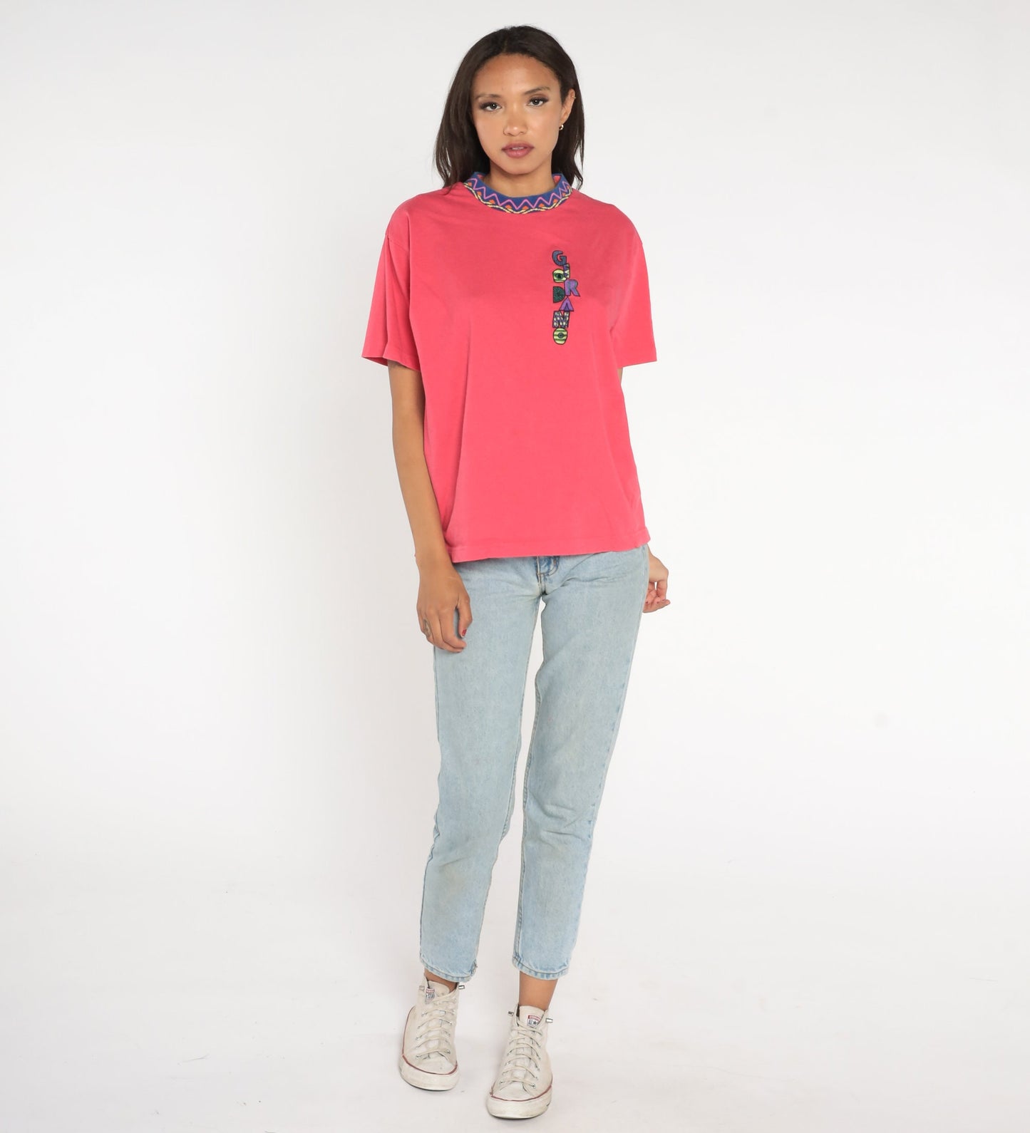 90s Giordano Embroidered Logo T-Shirt Pink Zig Zag Ringer Crewneck Medium