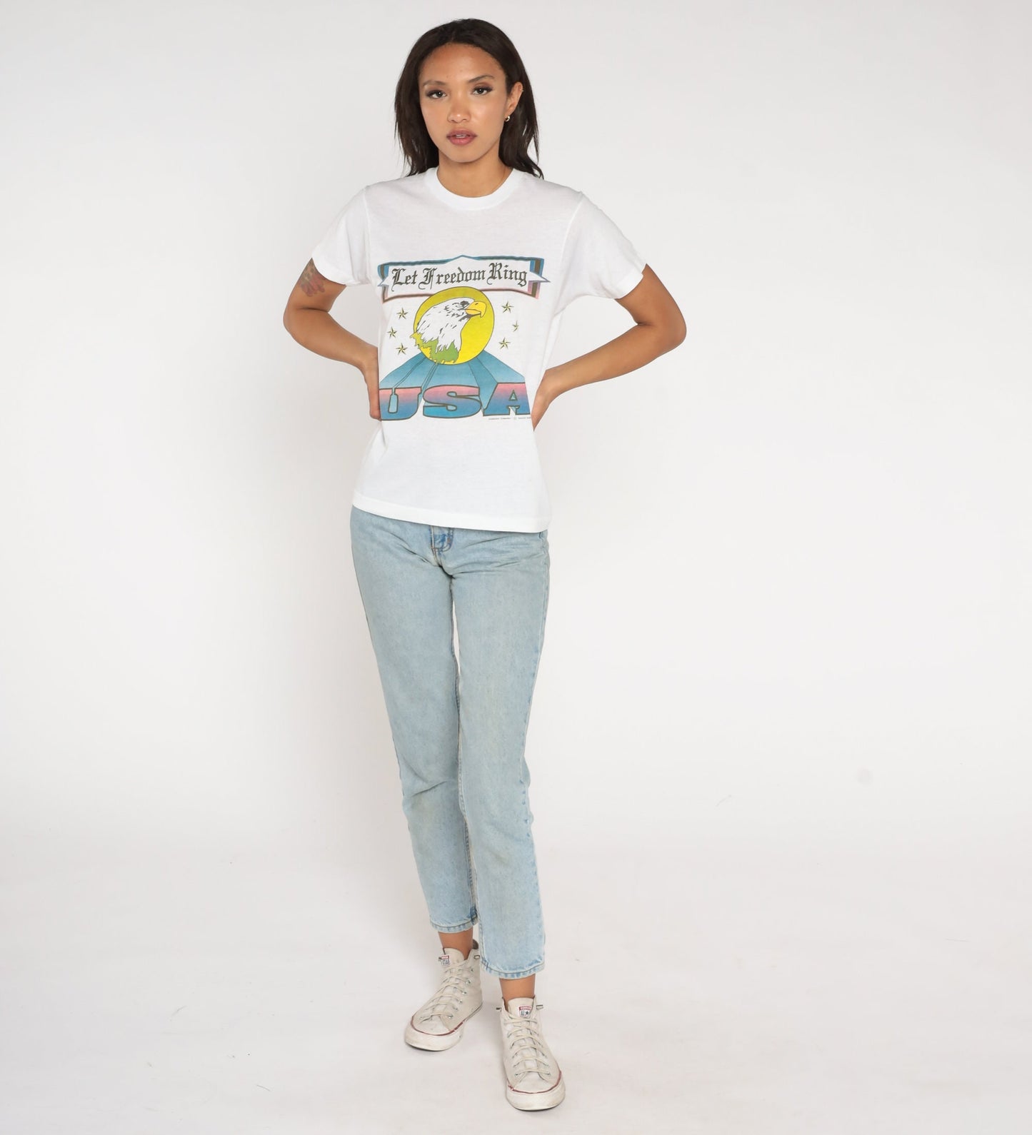 90s USA Bald Eagle Let Freedom Ring Patriotic Graphic Tee White Small