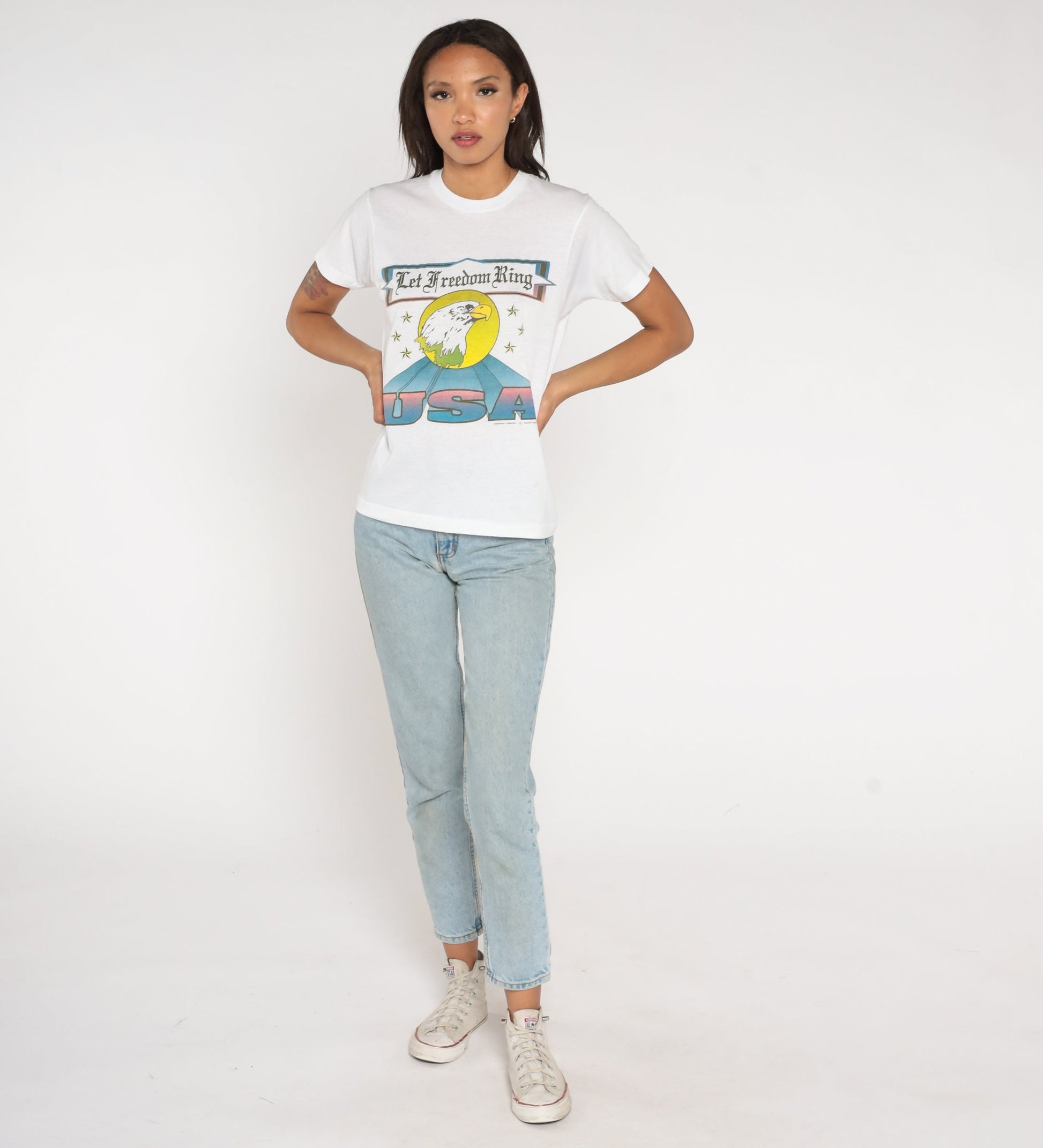 90s USA Bald Eagle Let Freedom Ring Patriotic Graphic Tee White Small