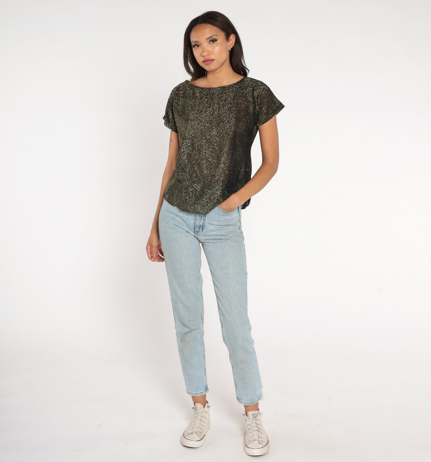 90s Metallic Black Gold Sparkly Blouse Short Sleeve Medium