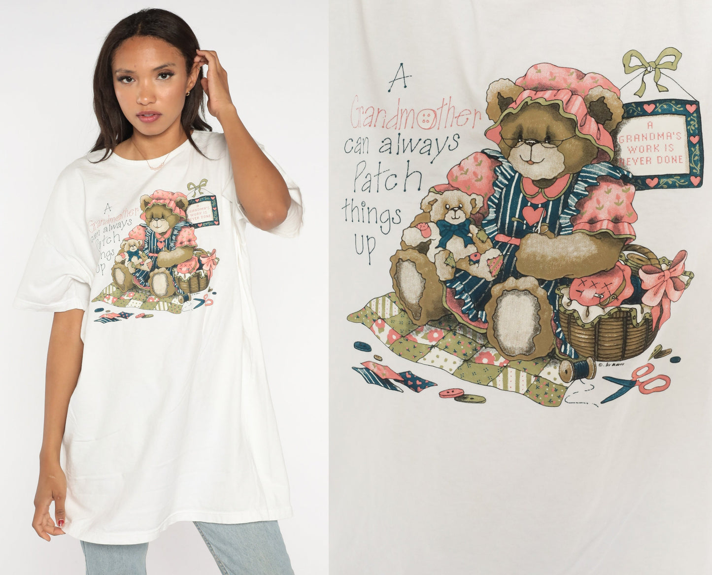 90s Teddy Bear Sewing Graphic T-Shirt White Grandmother Patch Extra Large XL