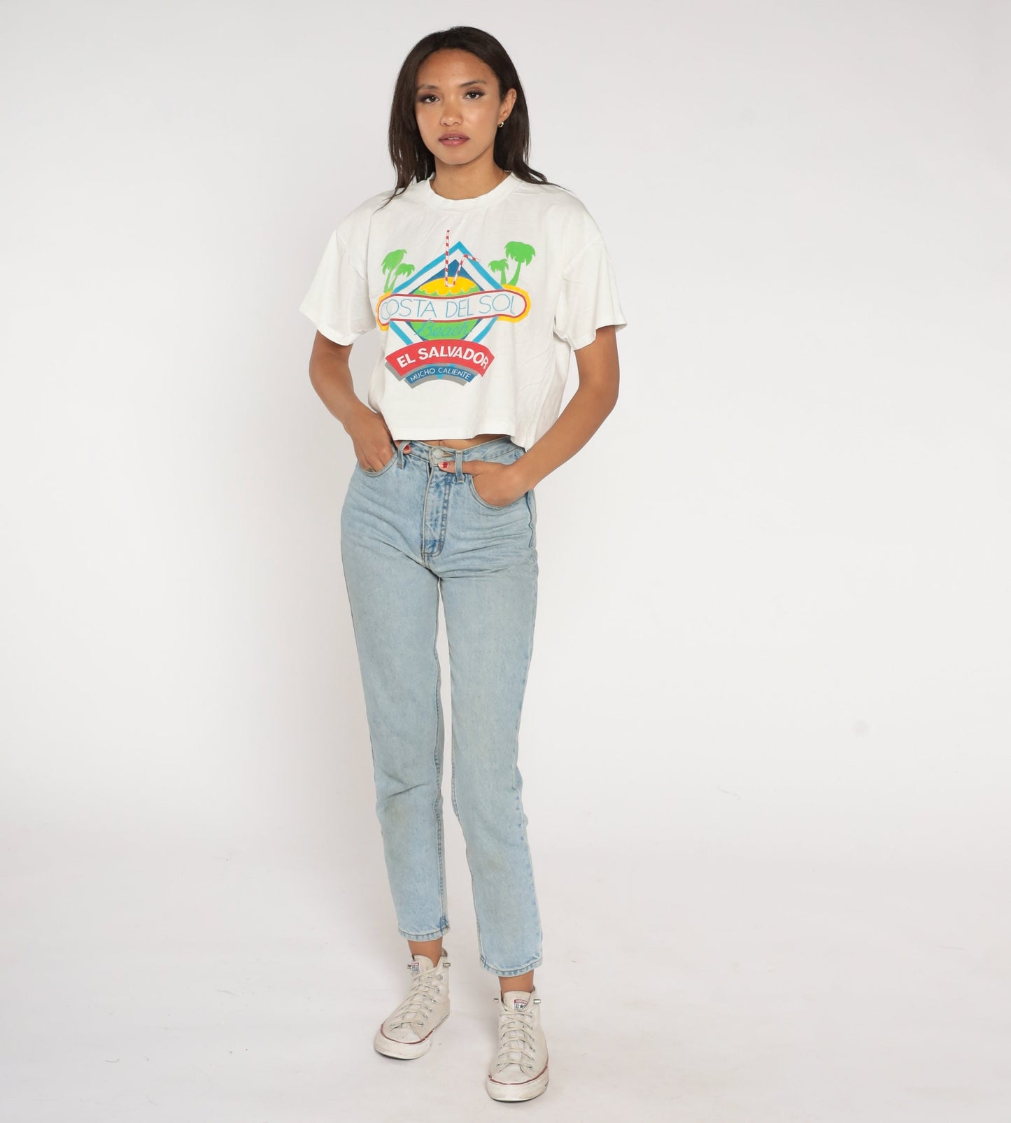 Y2K Costa Del Sol El Salvador Crop Top White Graphic Tee Small Medium
