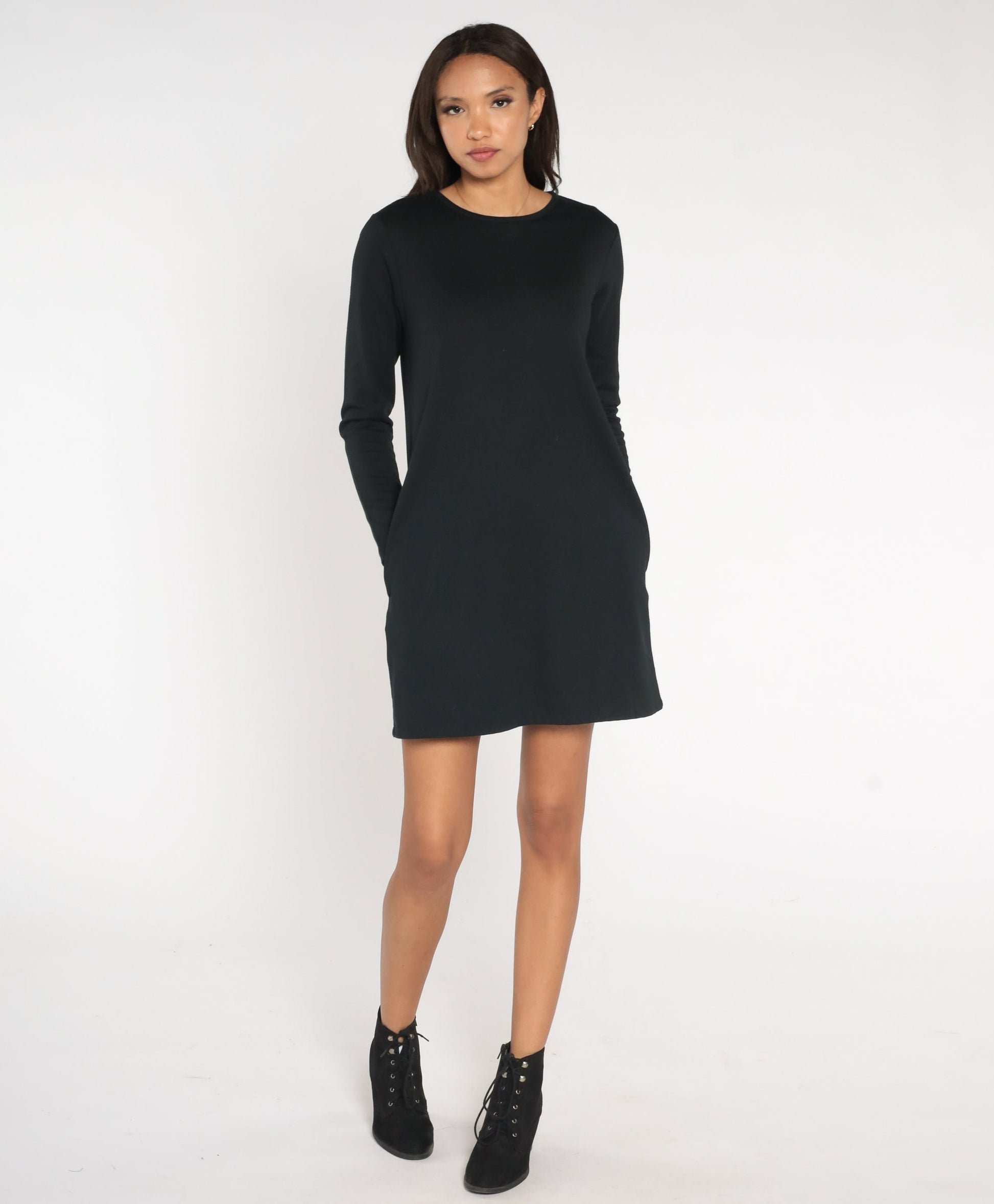 90s Liz Claiborne Black Mini Shift Dress Long Sleeve Small S