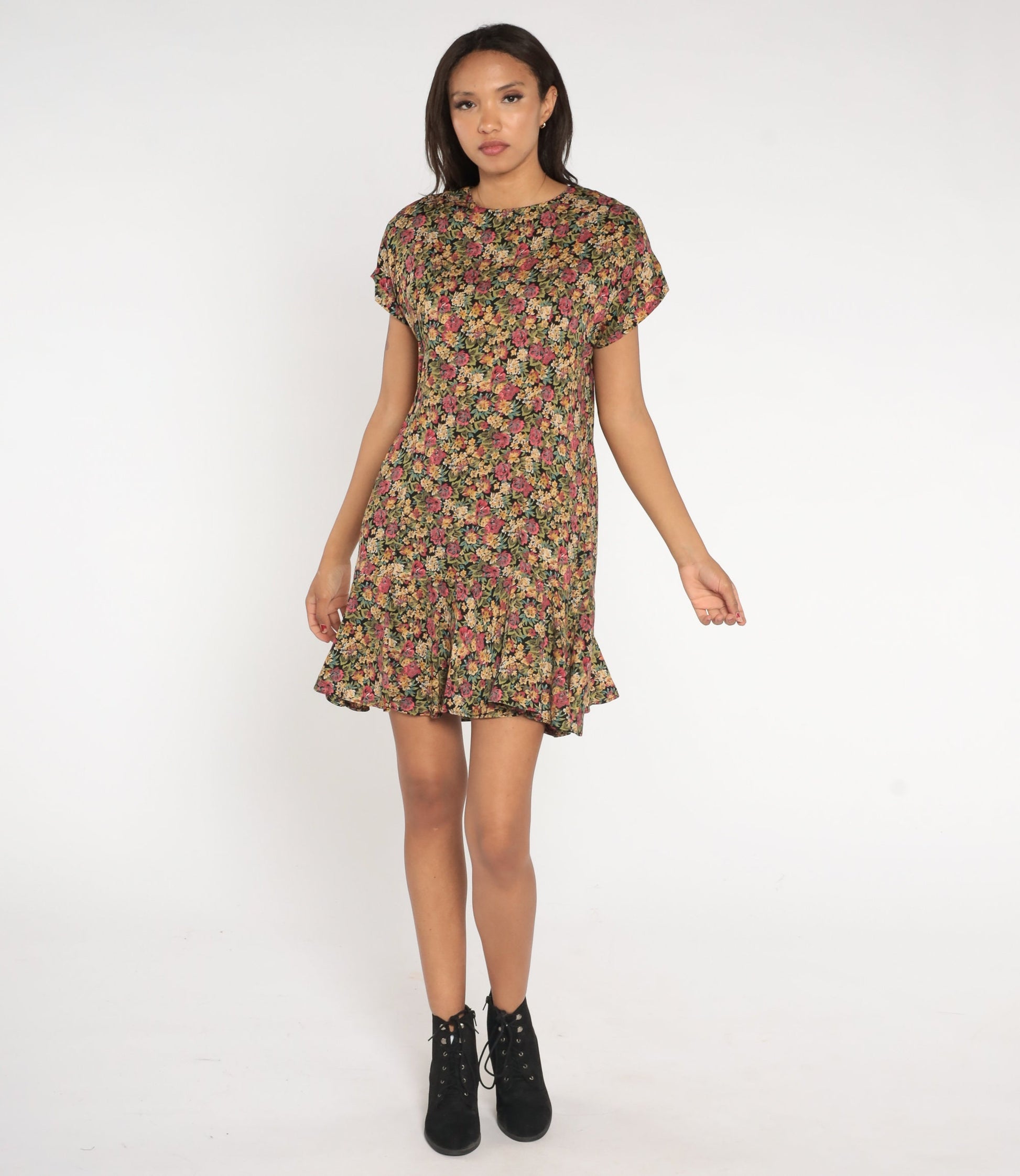 90s Floral Mini Dress Drop Waist Ruffle Short Sleeve Pink Green Large L