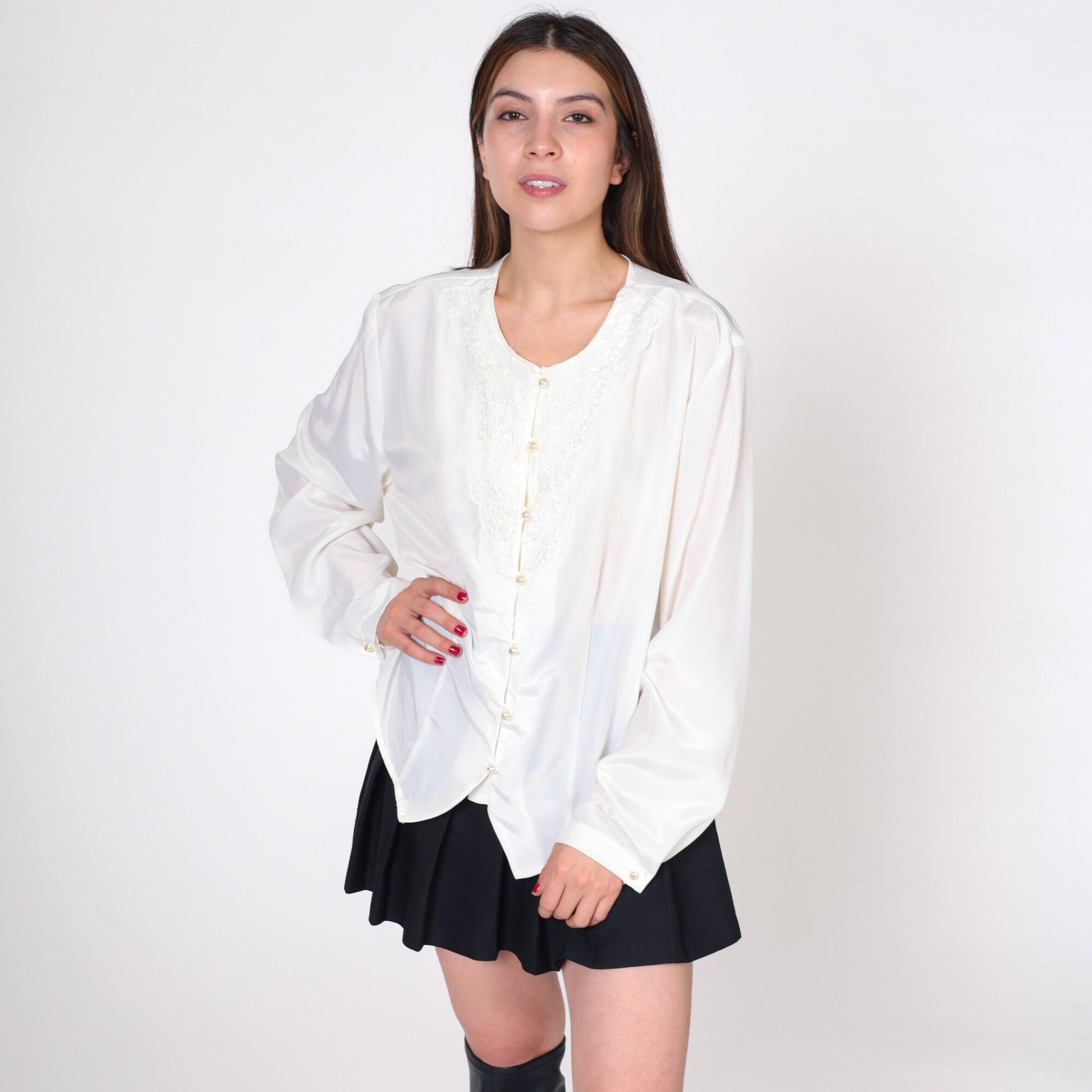 80s White Beaded Lace Blouse Pearl Rhinestone Button Up Long Sleeve Extra Large XL
