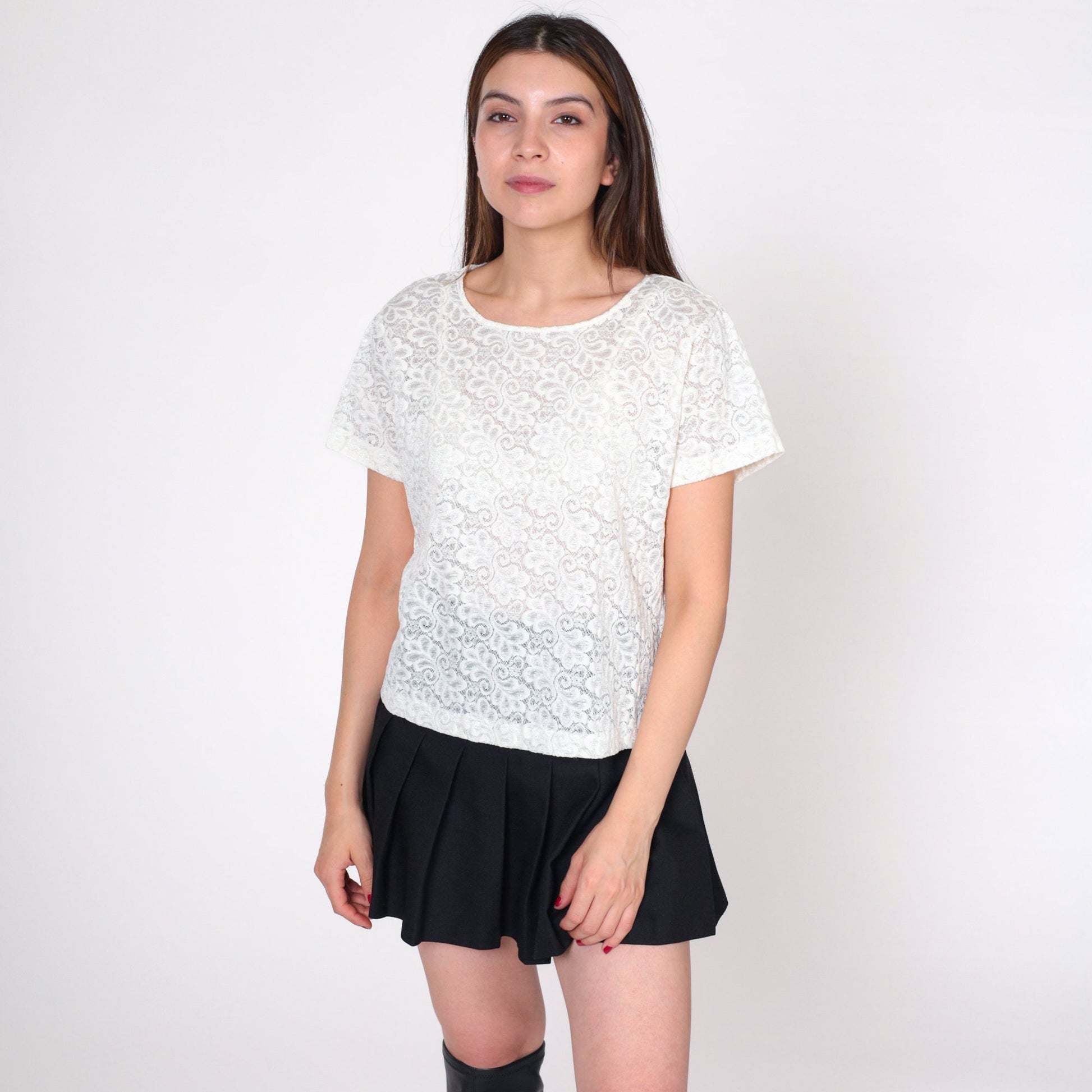 90s White Lace Blouse Sheer Short Sleeve Cotton Top Medium