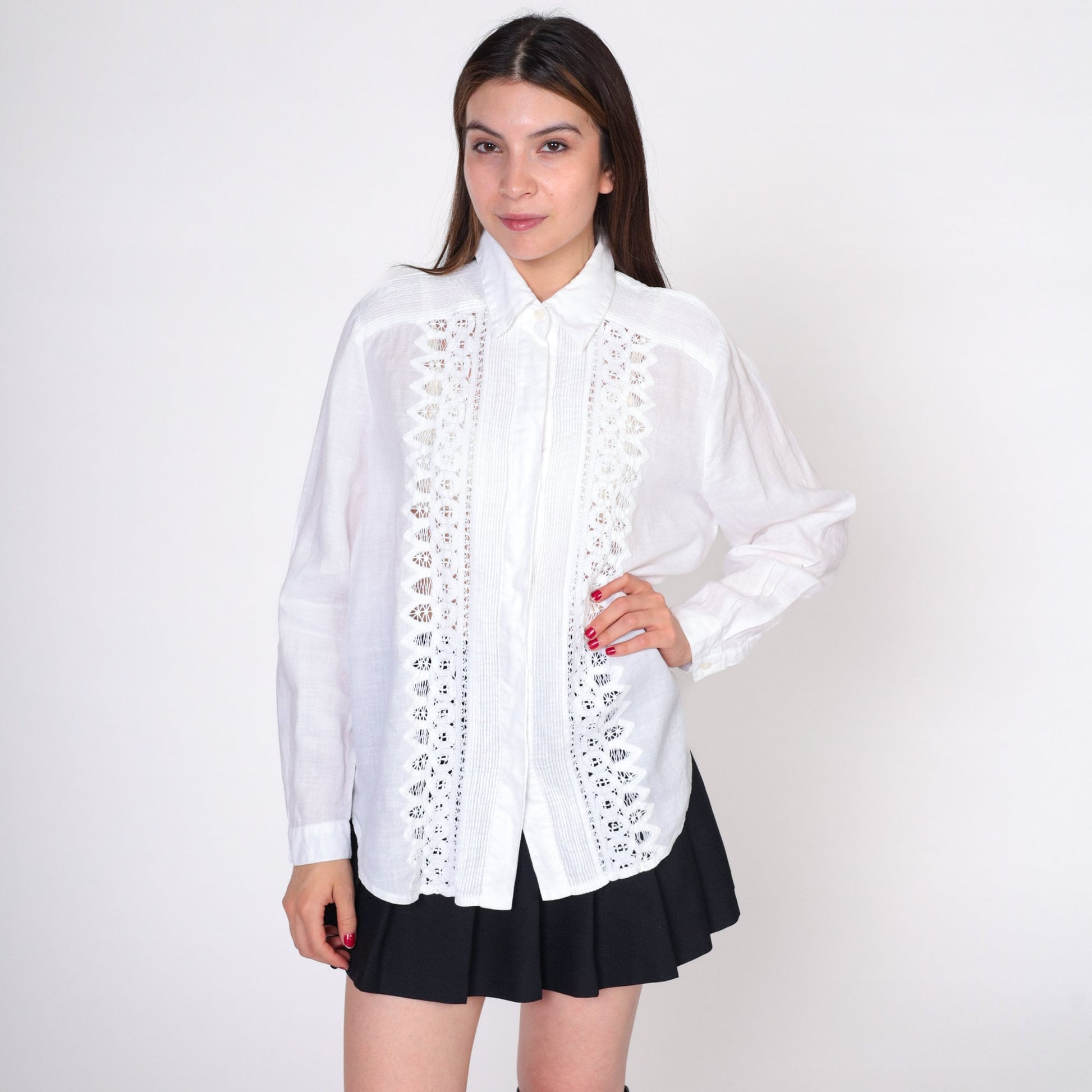 90s White Lace Cutout Button-Up Blouse Long Sleeve Extra Large