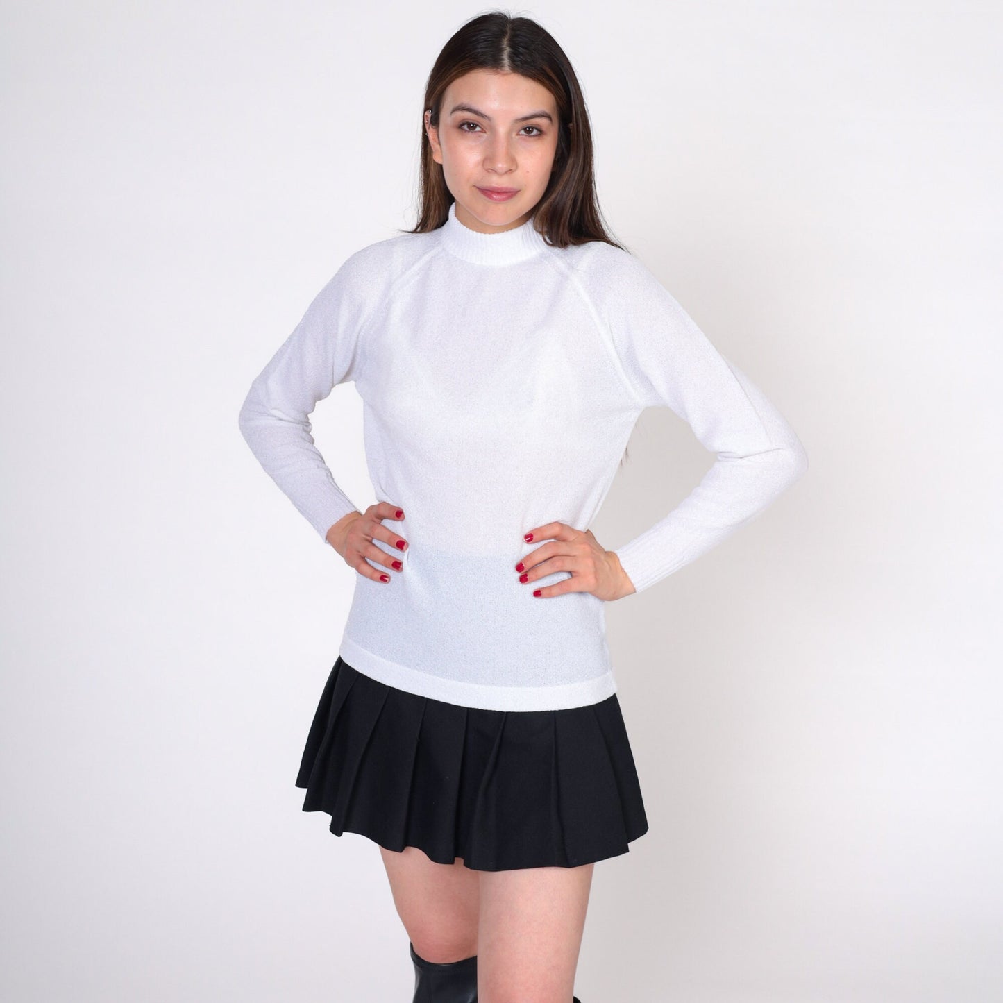 70s Talbott Traveler White Mock Neck Blouse Raglan Sleeve Small