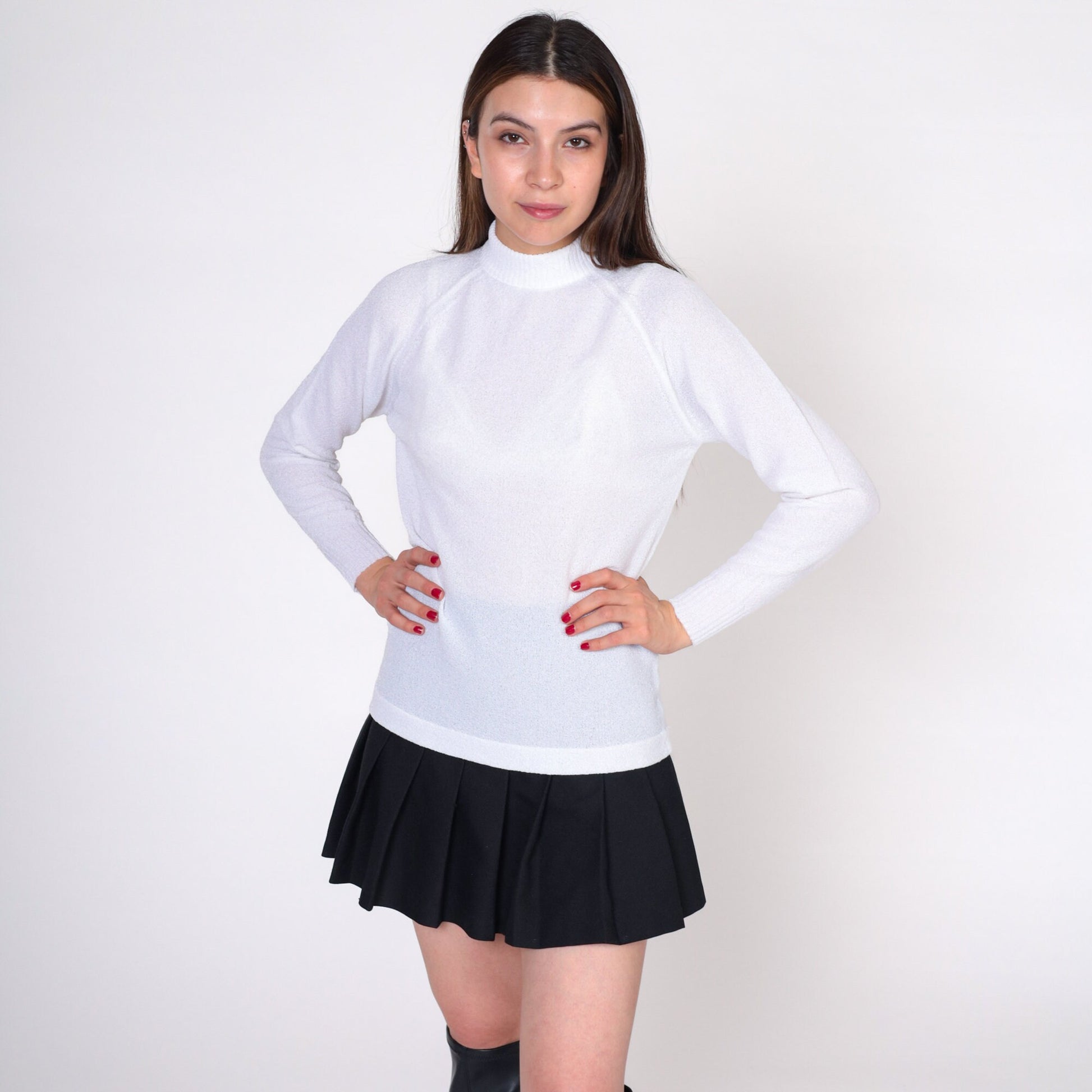70s Talbott Traveler White Mock Neck Blouse Raglan Sleeve Small