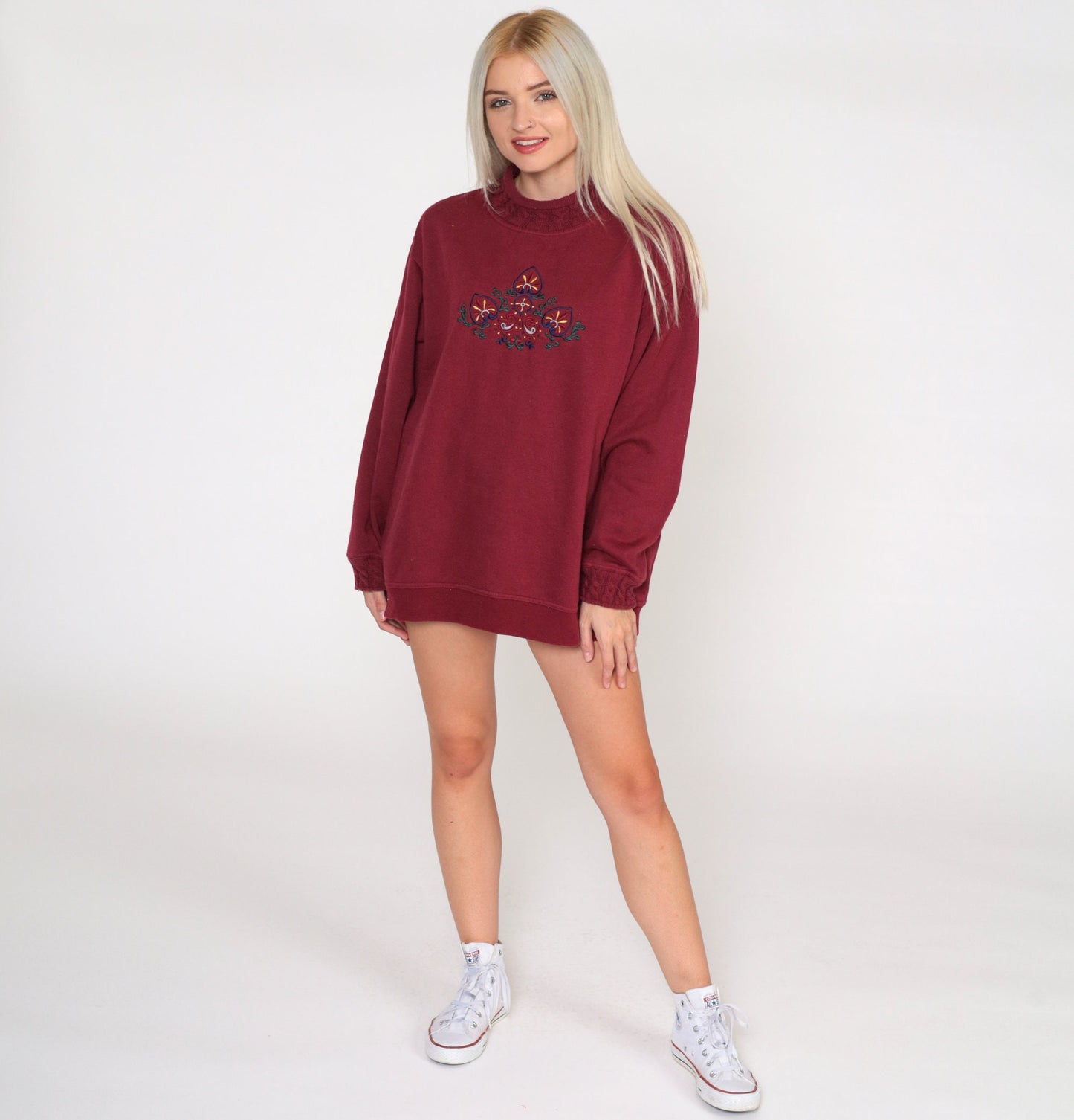90s Hunt Club Embroidered Leaf Sweatshirt Burgundy Paisley Crewneck Large