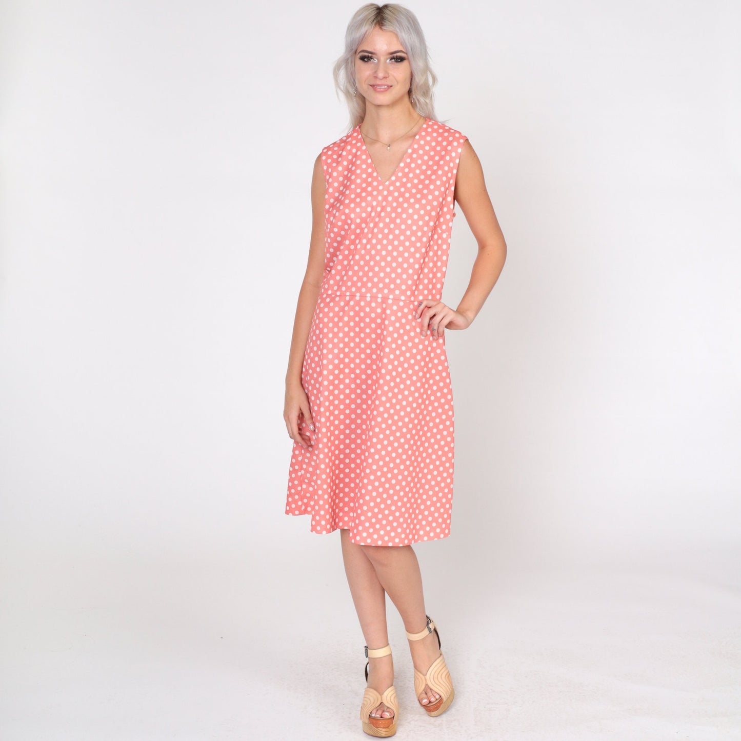 70s Pink Polka Dot Mini Dress Sleeveless V-Neck High Waist Medium