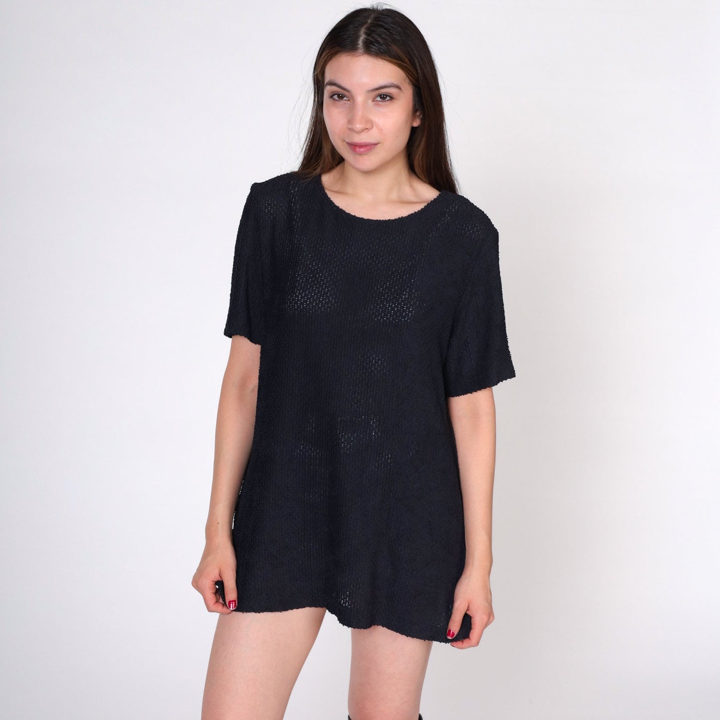90s Black Sheer T-Shirt Textured Crewneck Short Sleeve Medium
