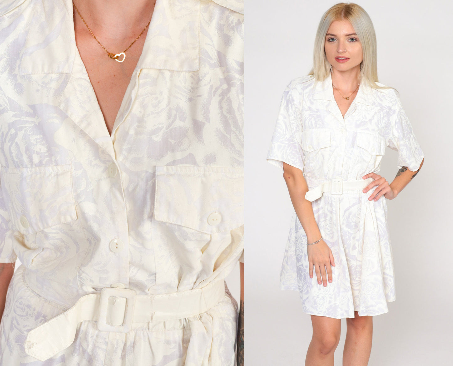 80s Floral Mini Shirtdress Cream White High Waisted Button Up Cotton Medium