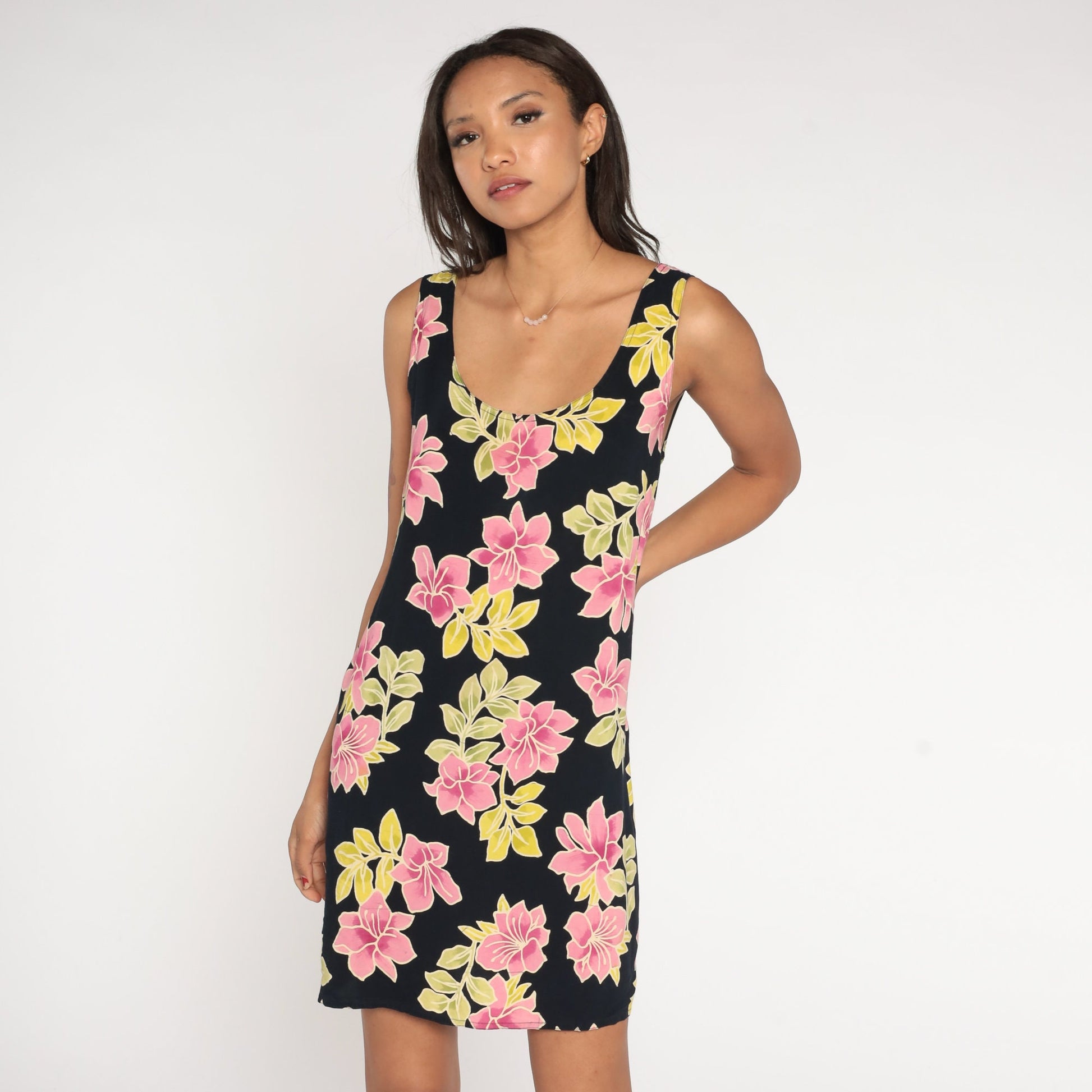 90s Black Tropical Floral Mini Dress Sleeveless Sundress Hibiscus Large L