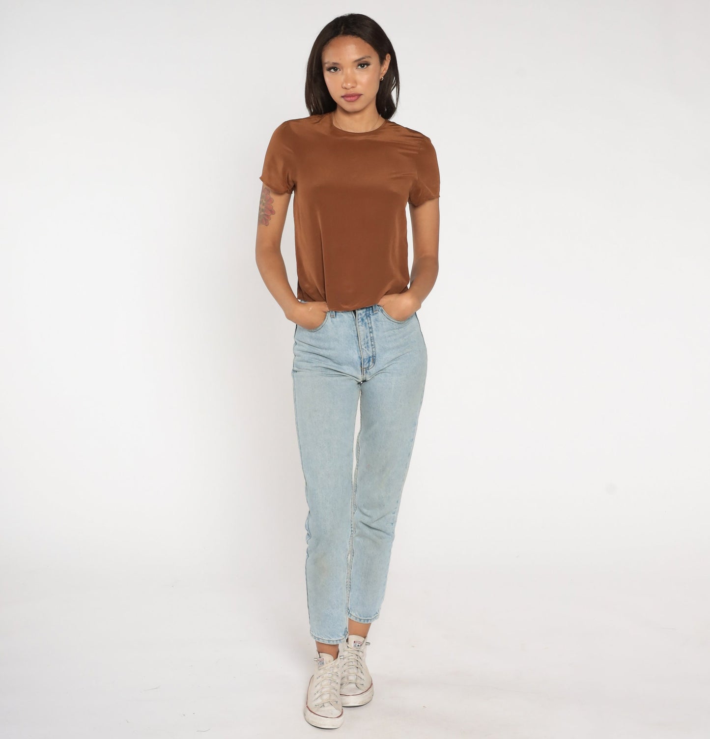 80s Brown Shiny Blouse Short Sleeve Crewneck Small