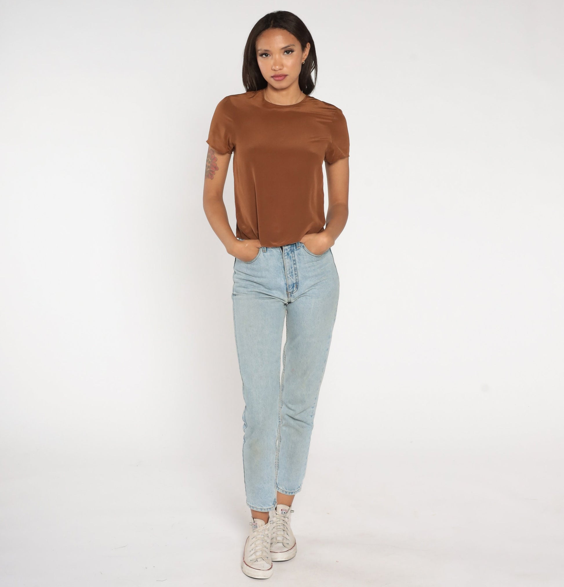 80s Brown Shiny Blouse Short Sleeve Crewneck Small