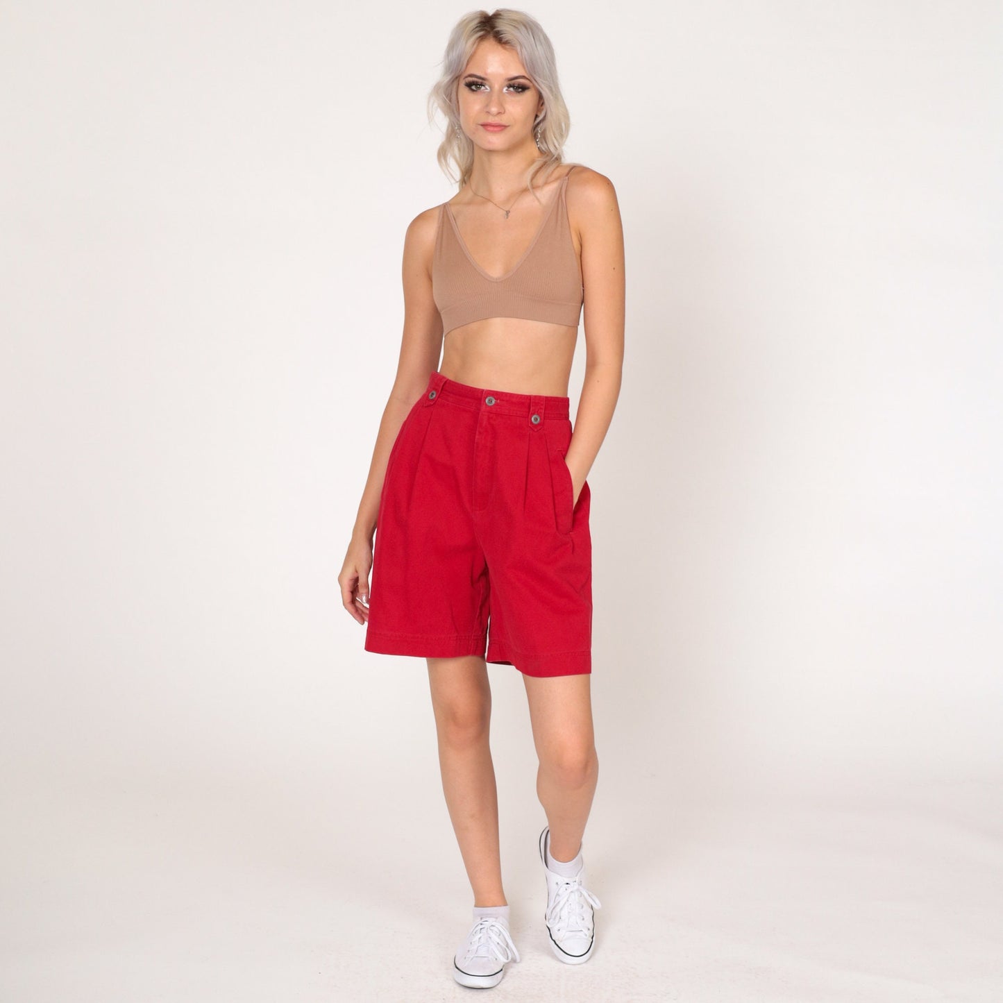 90s Liz Claiborne Red Pleated High-Waist Shorts Cotton Extra Small