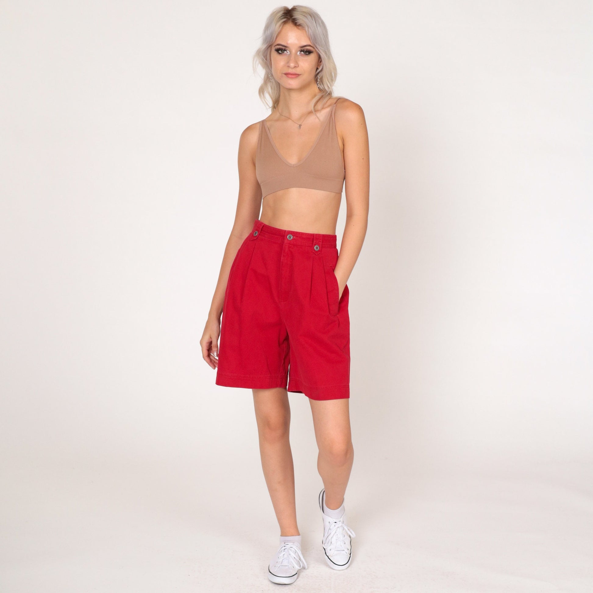90s Liz Claiborne Red Pleated High-Waist Shorts Cotton Extra Small