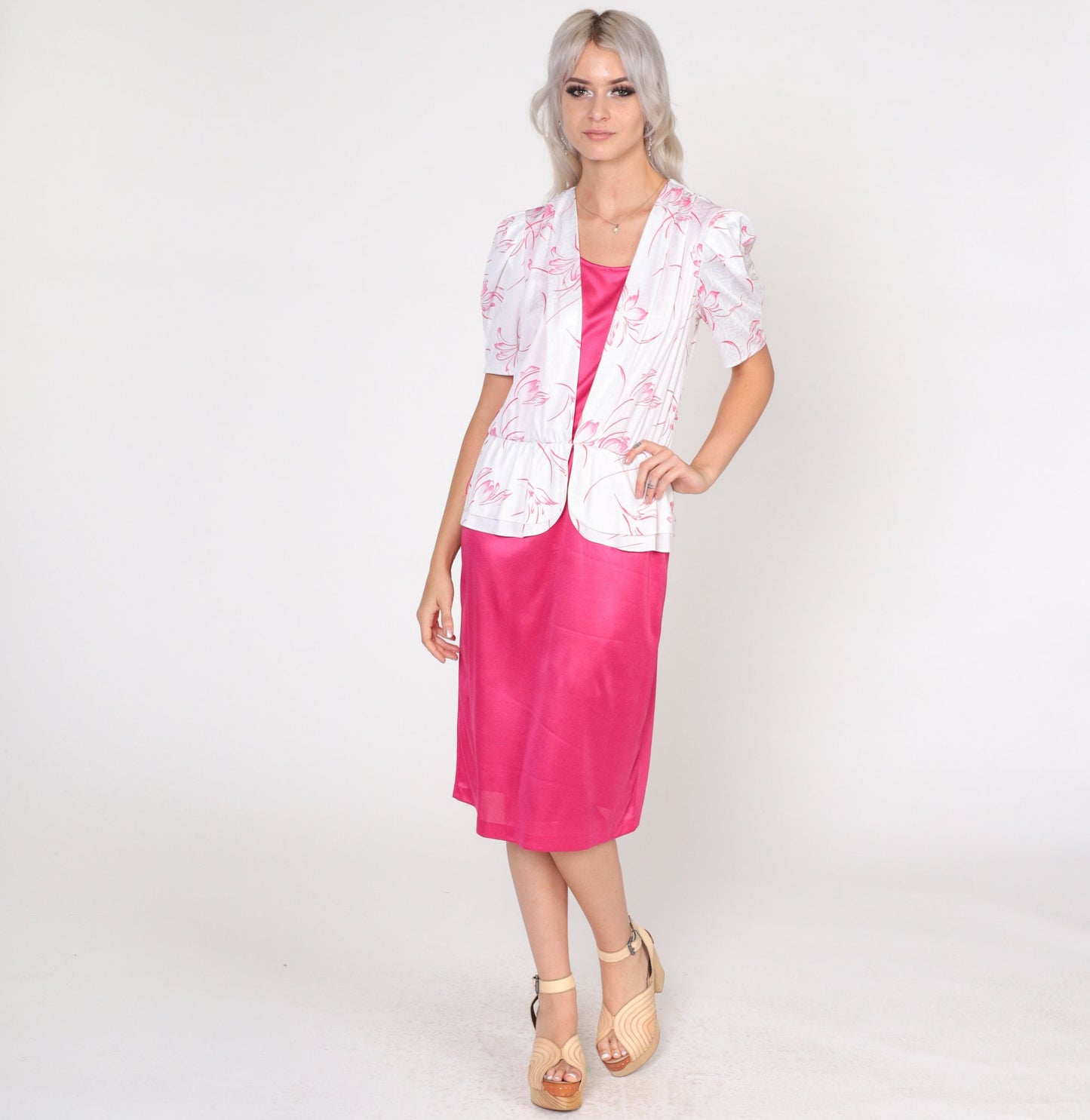 80s Pink Floral Midi Dress with Attached White Blouse Puff Sleeve Small