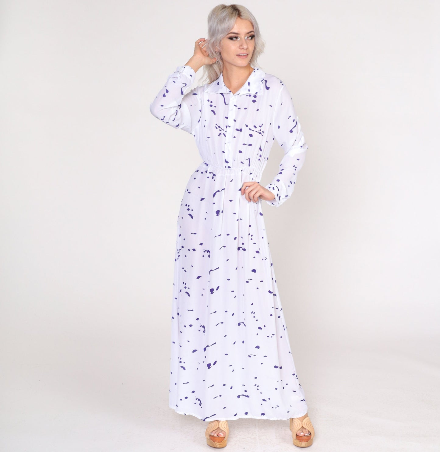 1970s Abstract Paint Splatter Maxi Dress White Purple Long Sleeve Shirtwaist Small