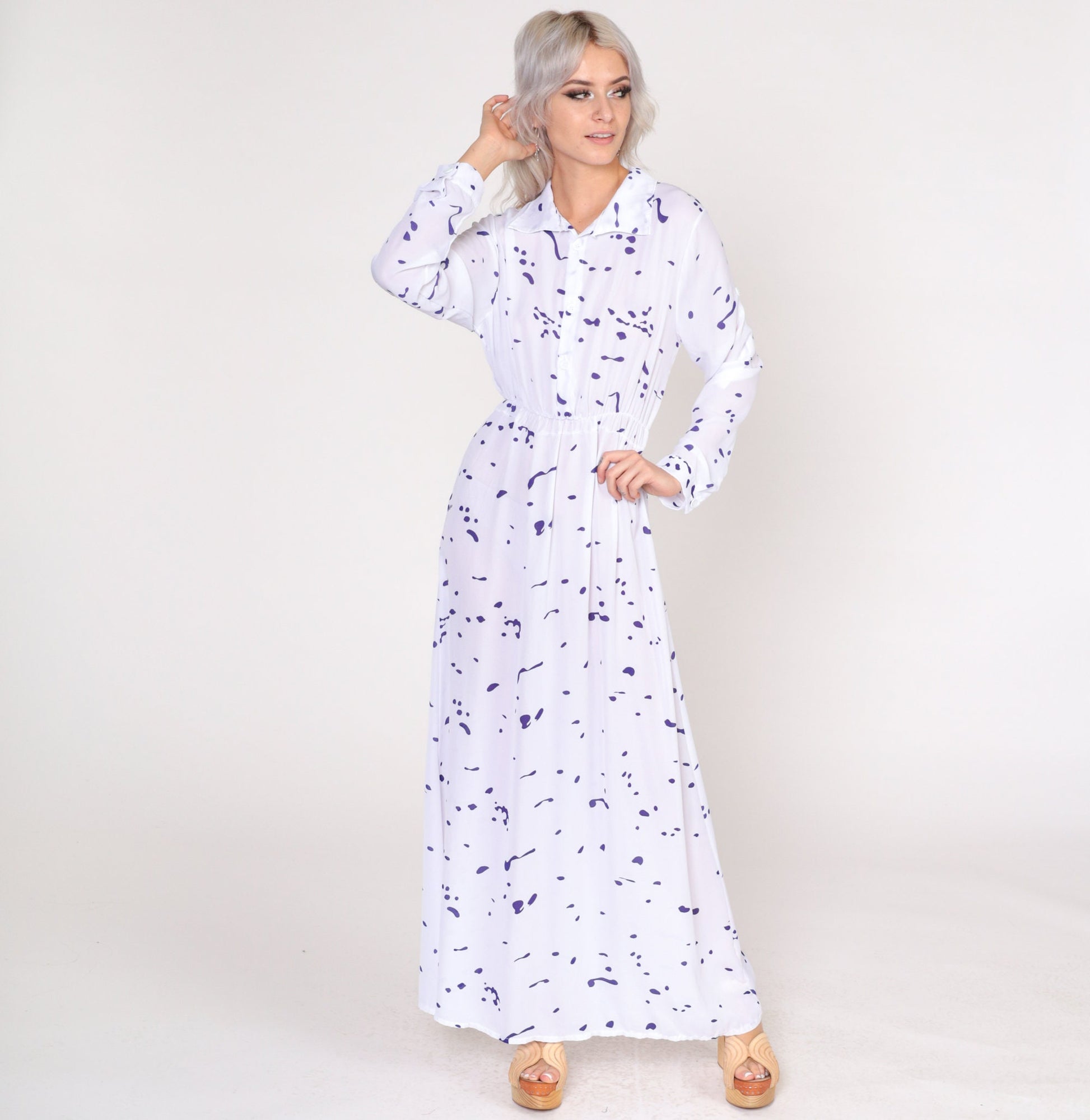 1970s Abstract Paint Splatter Maxi Dress White Purple Long Sleeve Shirtwaist Small