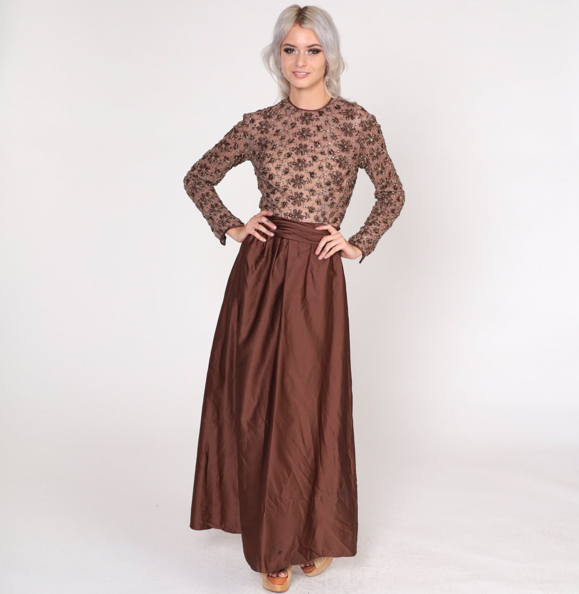 1960s Brown Beaded Floral Maxi Dress Long Sleeve High Waist Small