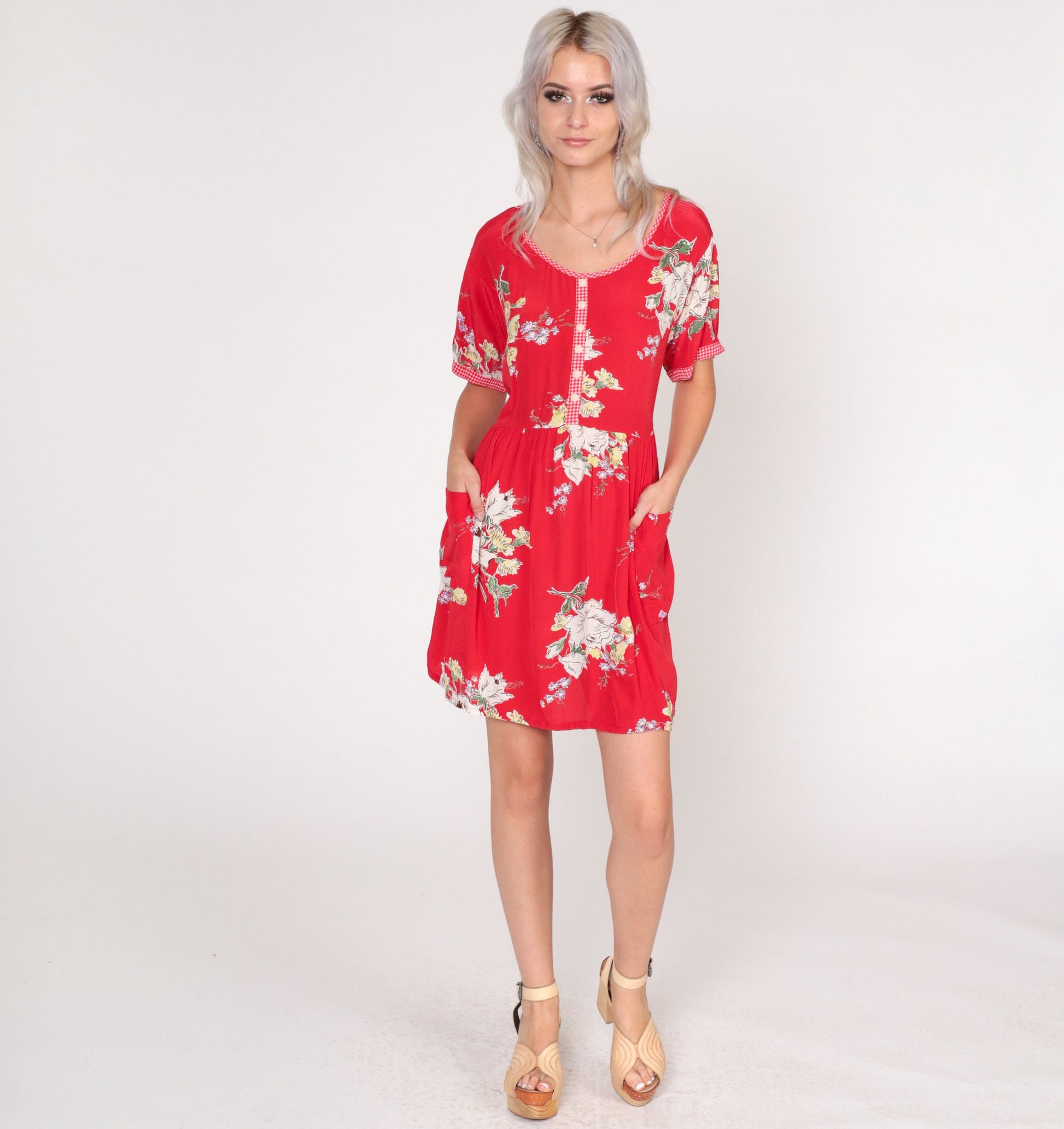 90s Red Floral Mini Dress High Waisted Gingham Trim Pockets Small